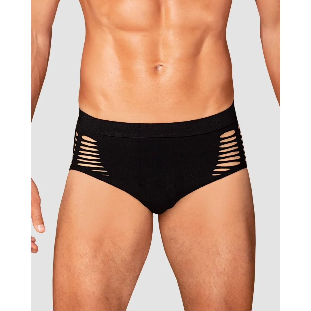 Culotte homme noire moderne avec découpes sexy, maille élastique, ajustée, confort total, silhouette sculptante élégante.