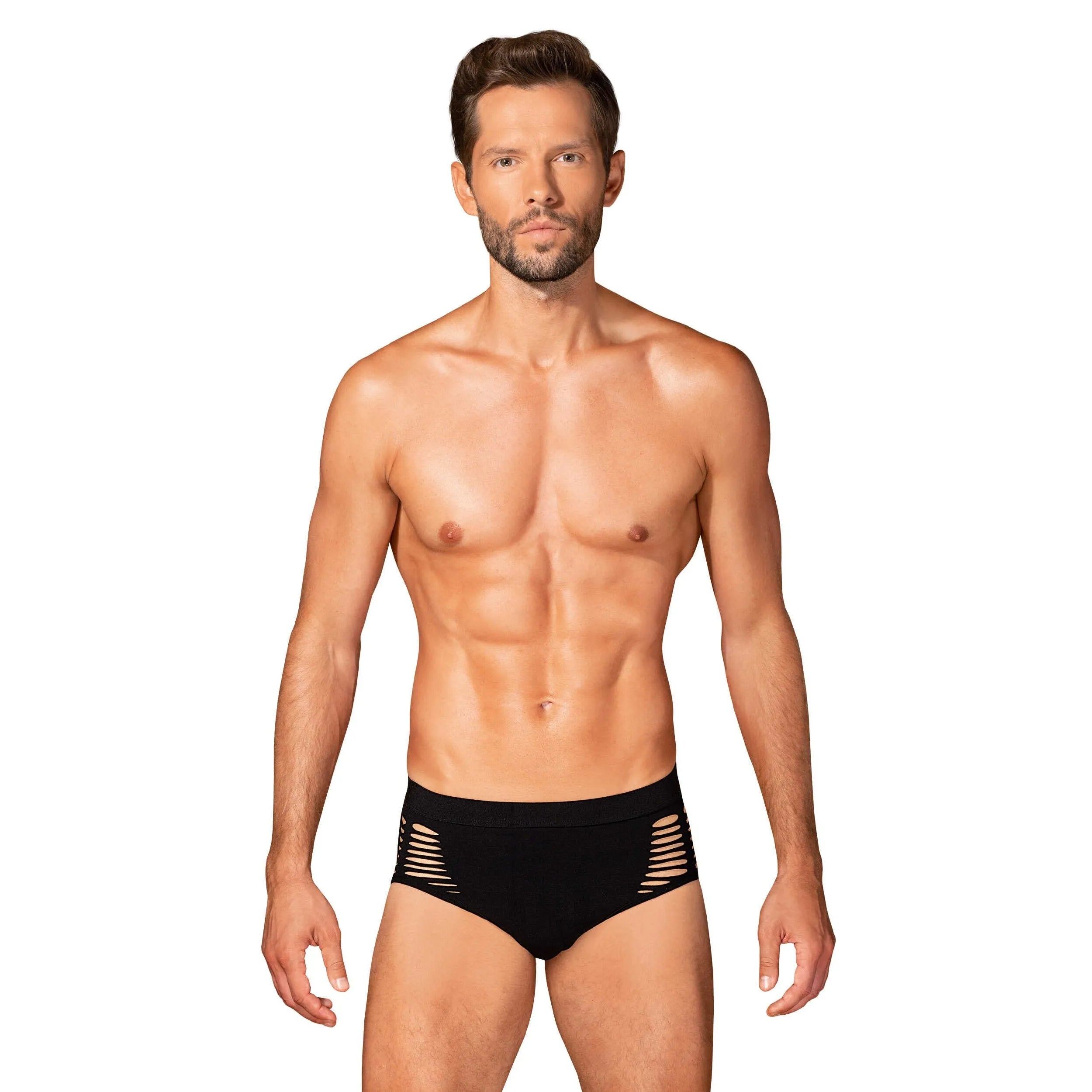 Culotte homme noire moderne, découpes sexy, maille élastique, ajustée, confort total, silhouette sculptante élégante.