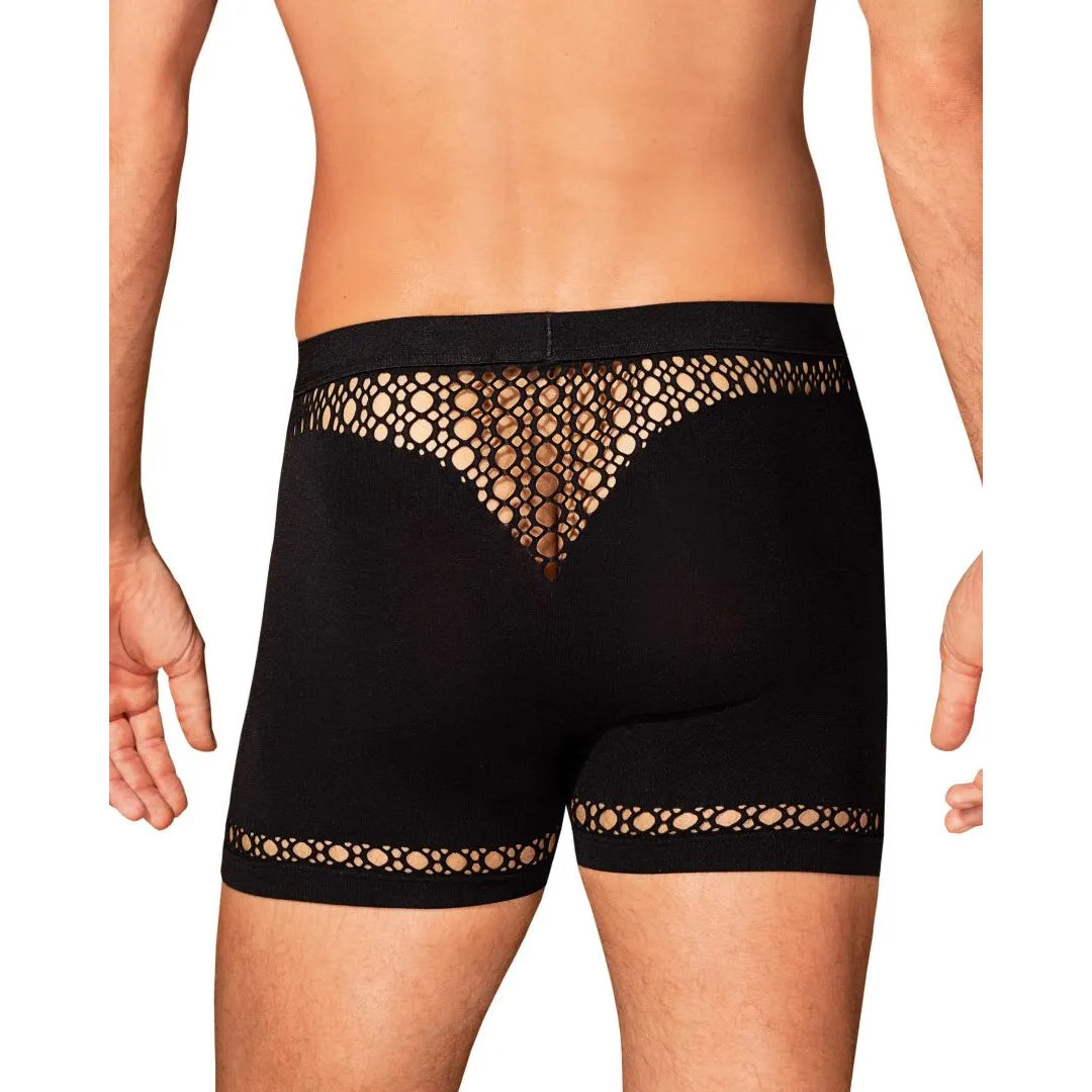 Boxer homme noir M102 motifs géométriques, coupe moderne, élégant, confortable, nylon élasthanne, vue arrière.