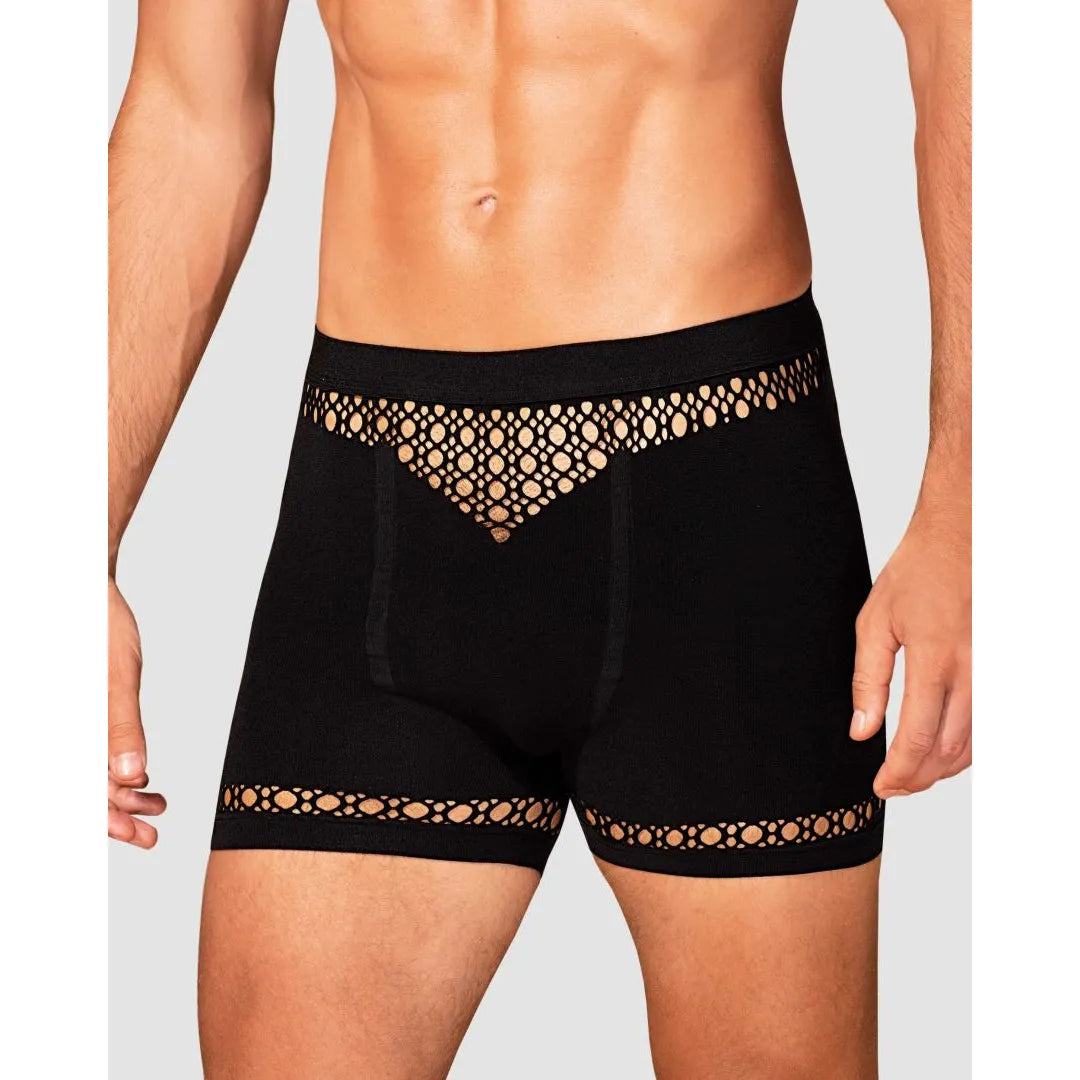 Boxer homme noir M102 motifs géométriques, coupe moderne, élégant et confortable, nylon élasthanne extensible.