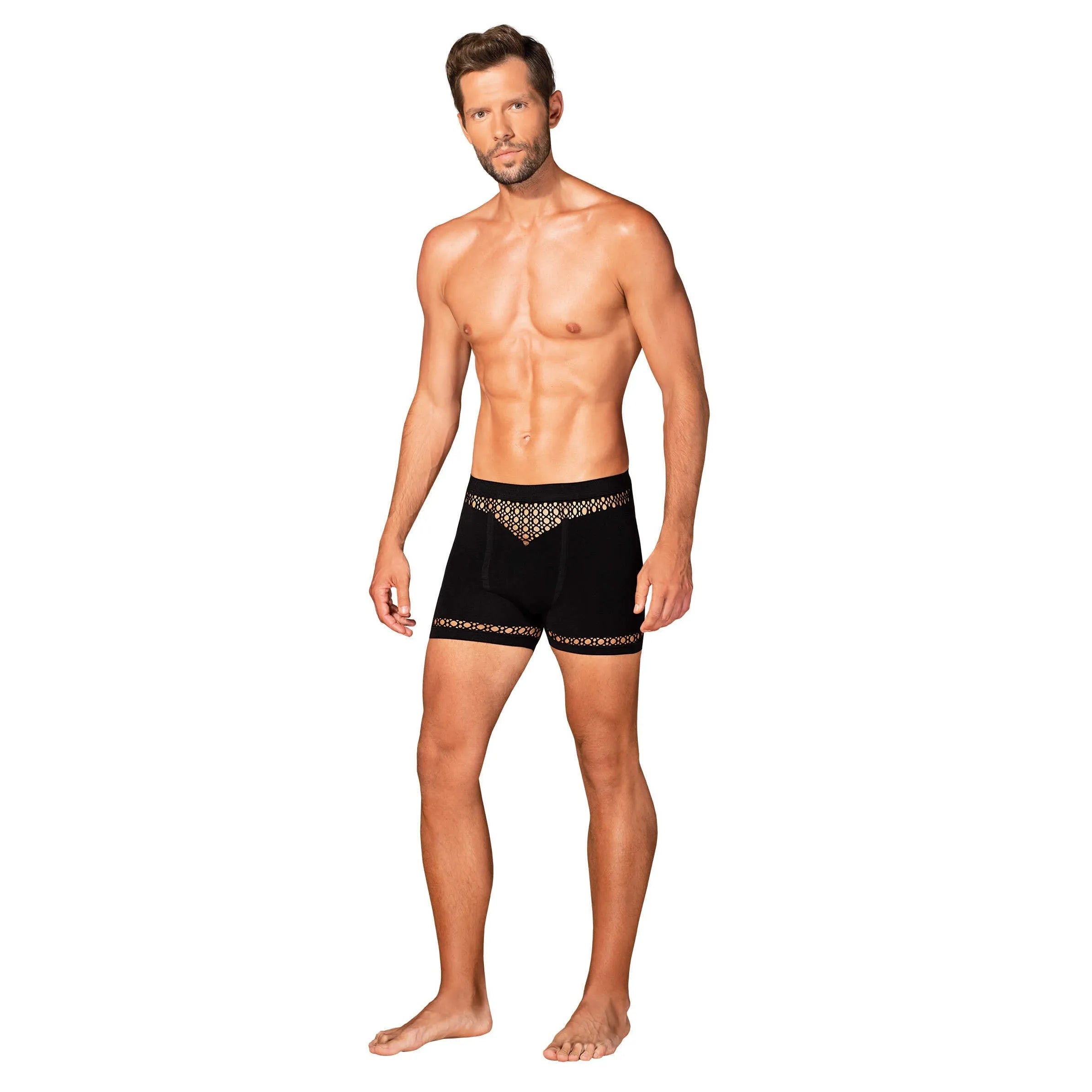 Boxer homme noir M102 motifs géométriques, coupe moderne, élégant et confortable, nylon élasthanne extensible.