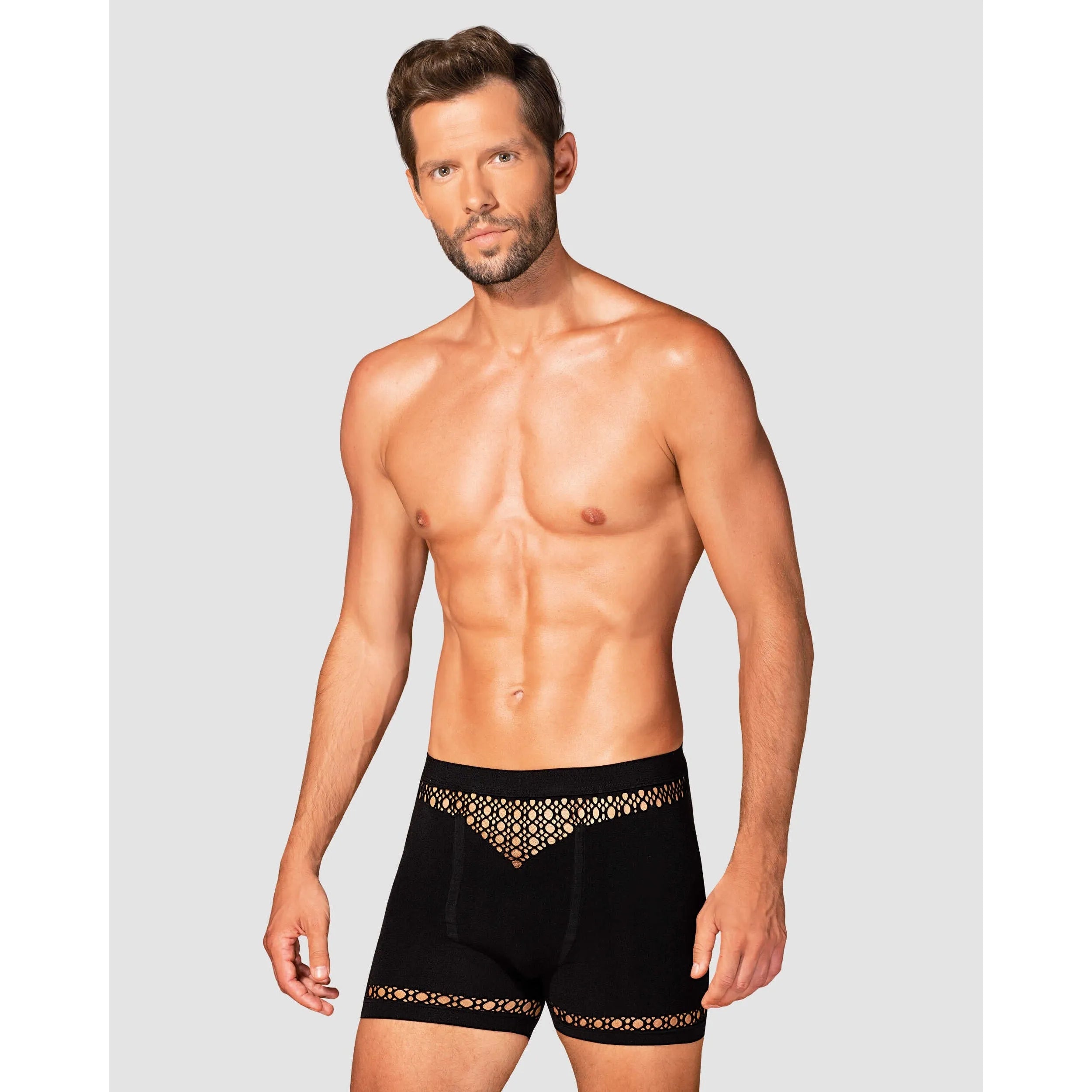 Boxer homme noir M102 motifs géométriques, coupe moderne, élégant et confortable, nylon élasthanne extensible.