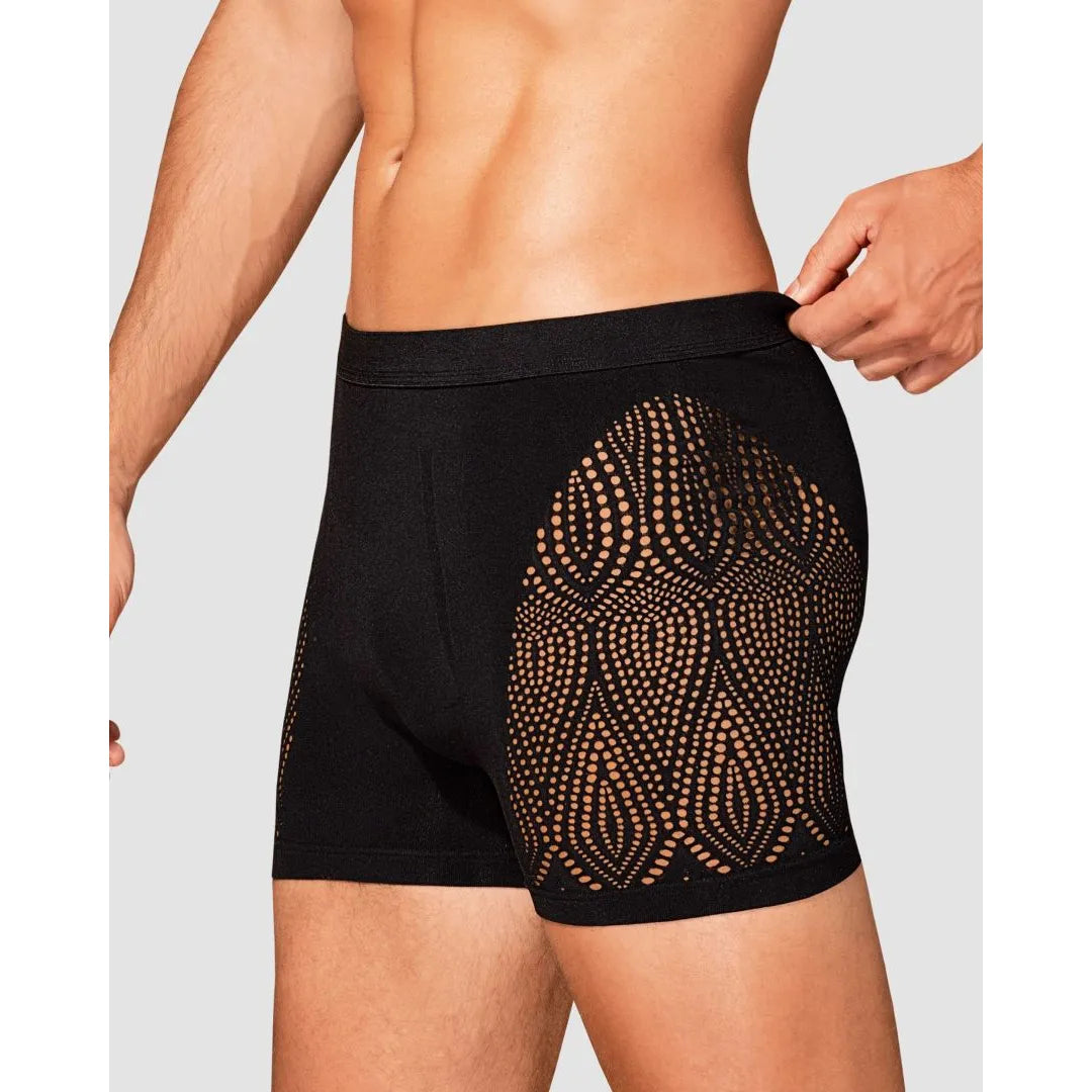 Boxer homme noir M103 avec découpes hanches en nylon élasthanne, design élégant et sensuel, toucher doux.