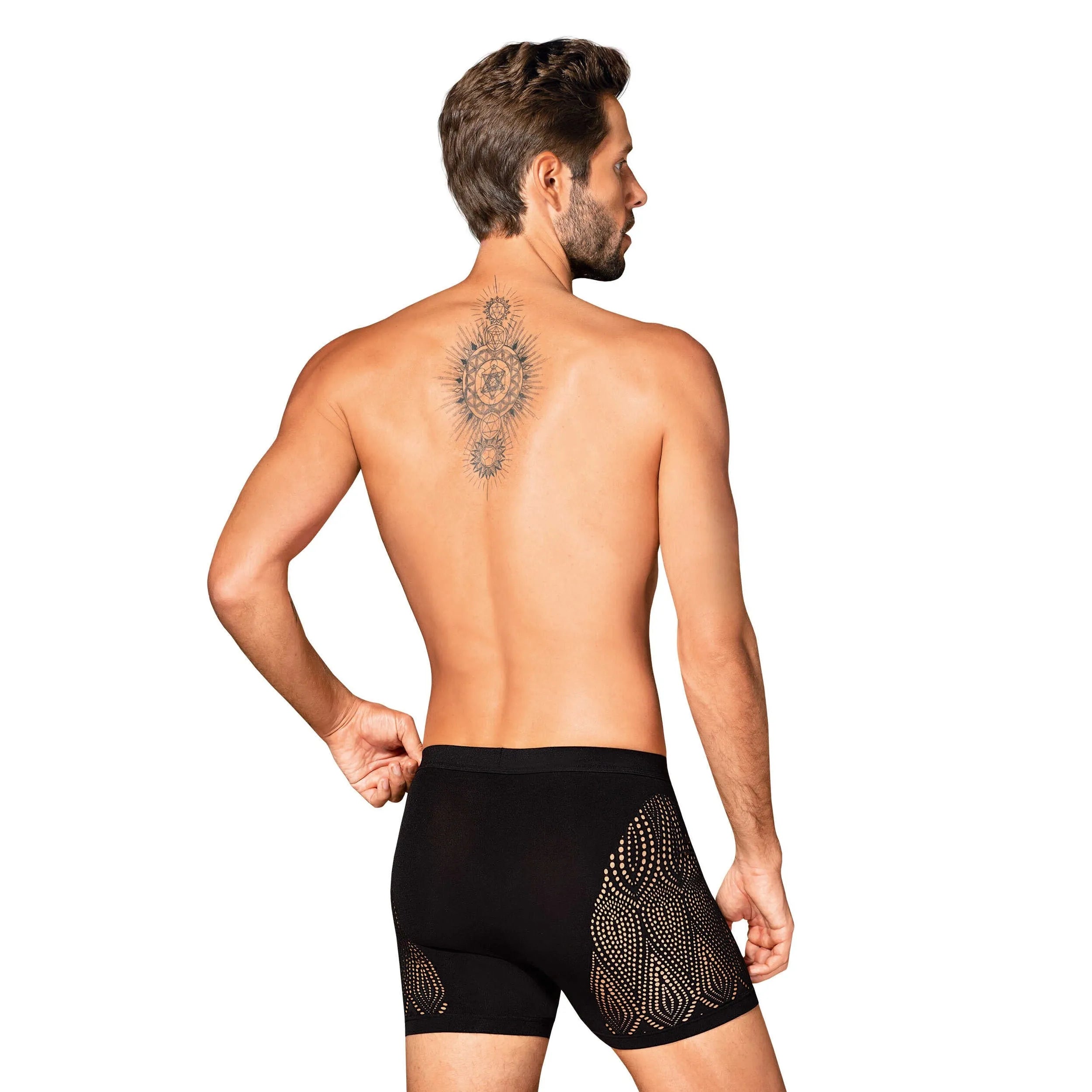 Boxer homme noir M103 avec découpes hanches, nylon élasthanne, toucher doux, maintien élastique, style élégant et sensuel.