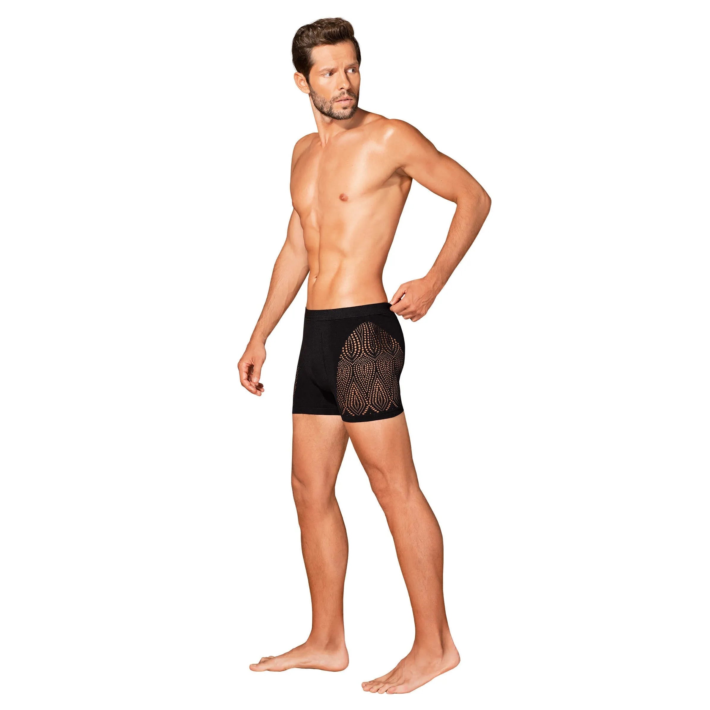 Boxer homme noir M103 avec découpes hanches, nylon élasthanne, toucher doux, élégant et sensuel.