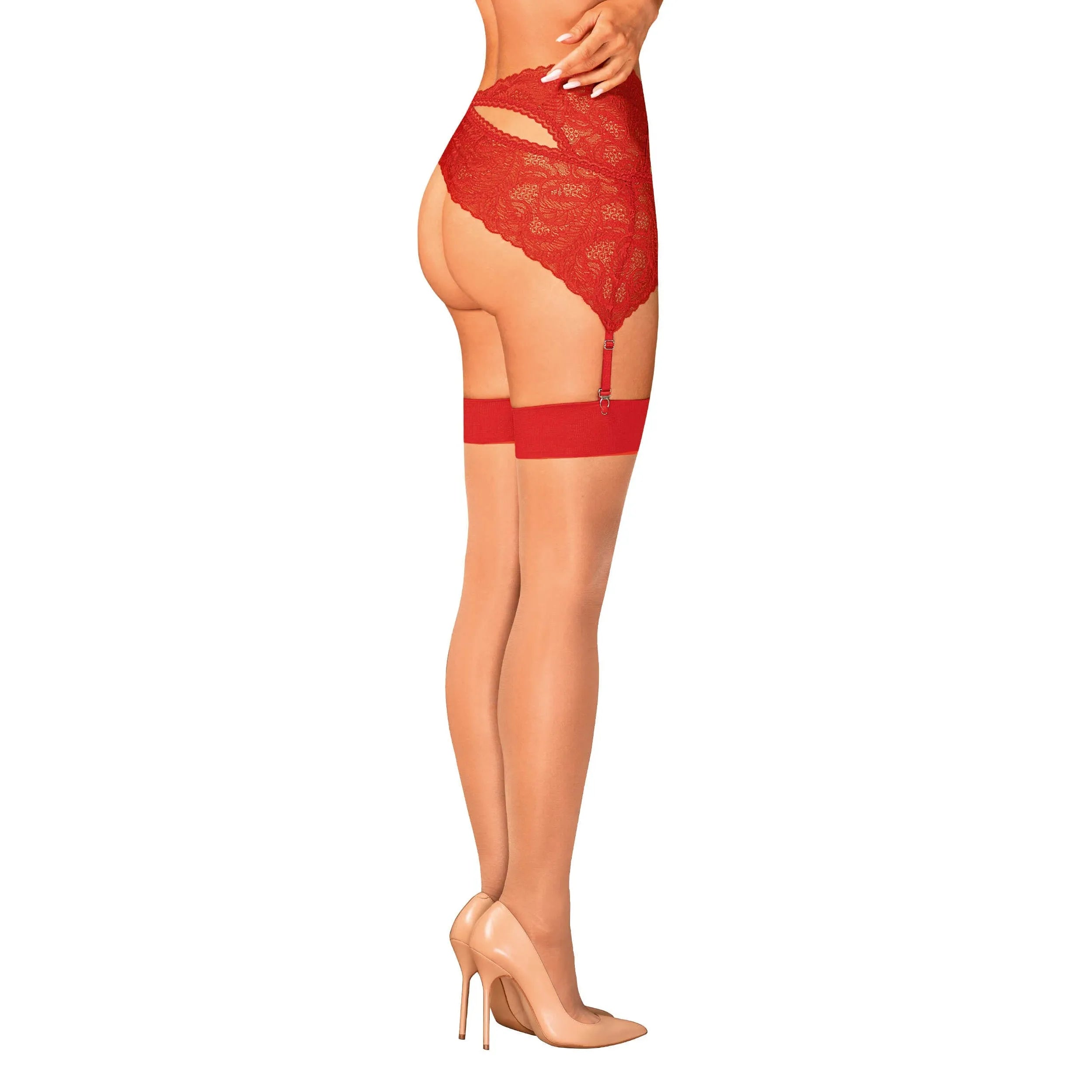 Bas jarretelles rouges résille beige, accent lisse, polyamide élasthanne, élégance glamour, jambes féminines séduisantes.