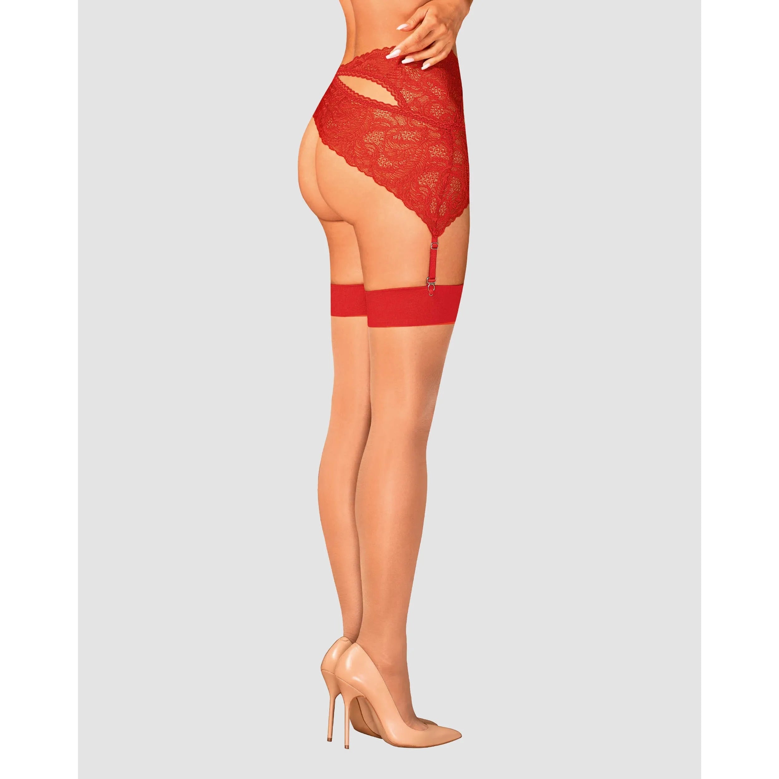 Bas jarretelles rouges sexy en résille beige, accent lisse, élégance et séduction pour femmes, glamour lingerie.