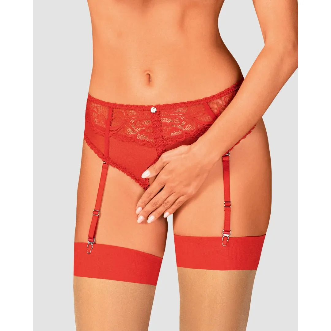 Culotte rouge en dentelle avec porte-jarretelles, entrejambe ouvert, bretelles réglables, style sensuel et glamour.