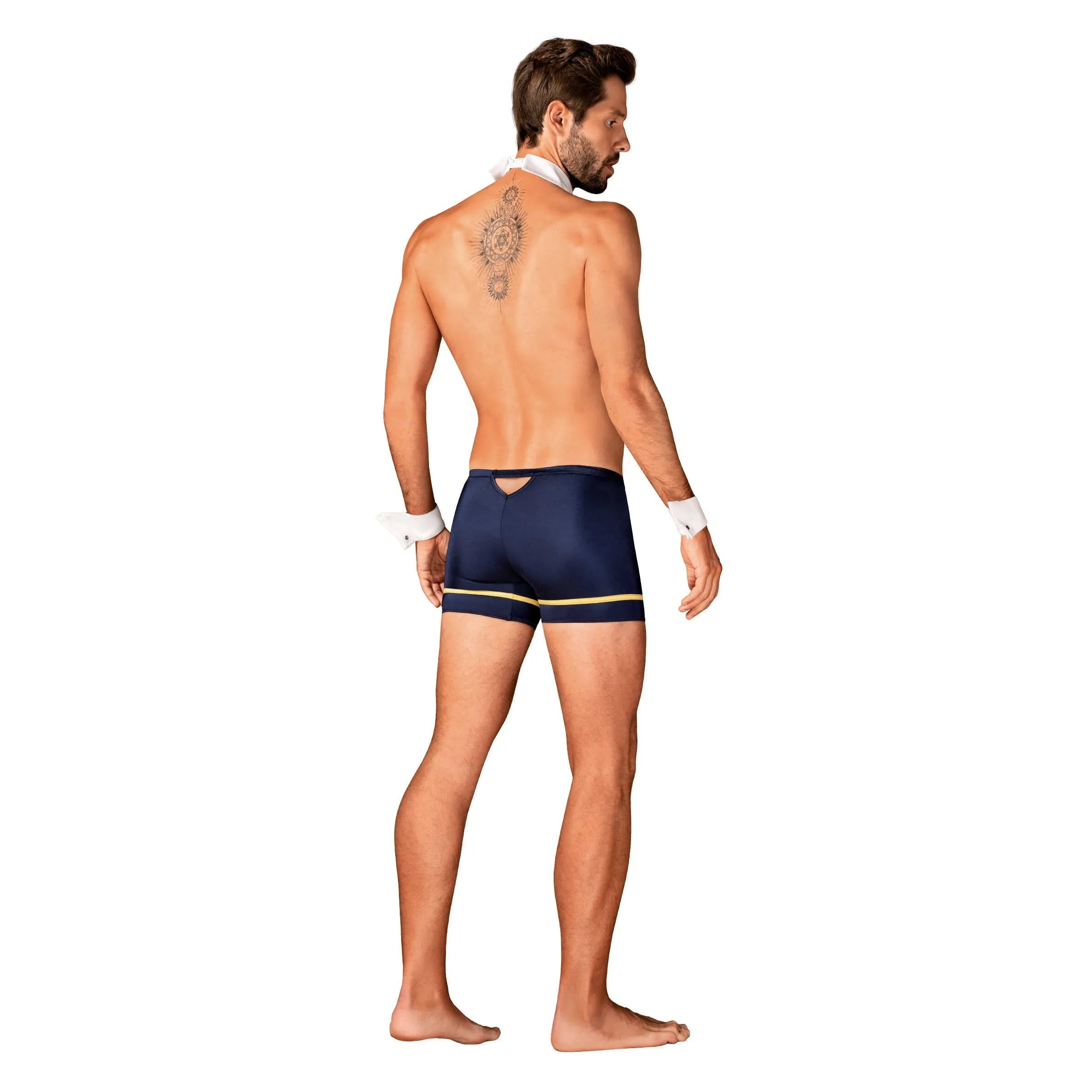 Costume sexy pilote homme bleu doré, caleçon ajusté, cravate blanche, lunettes, détails glamour, polyester élasthanne.