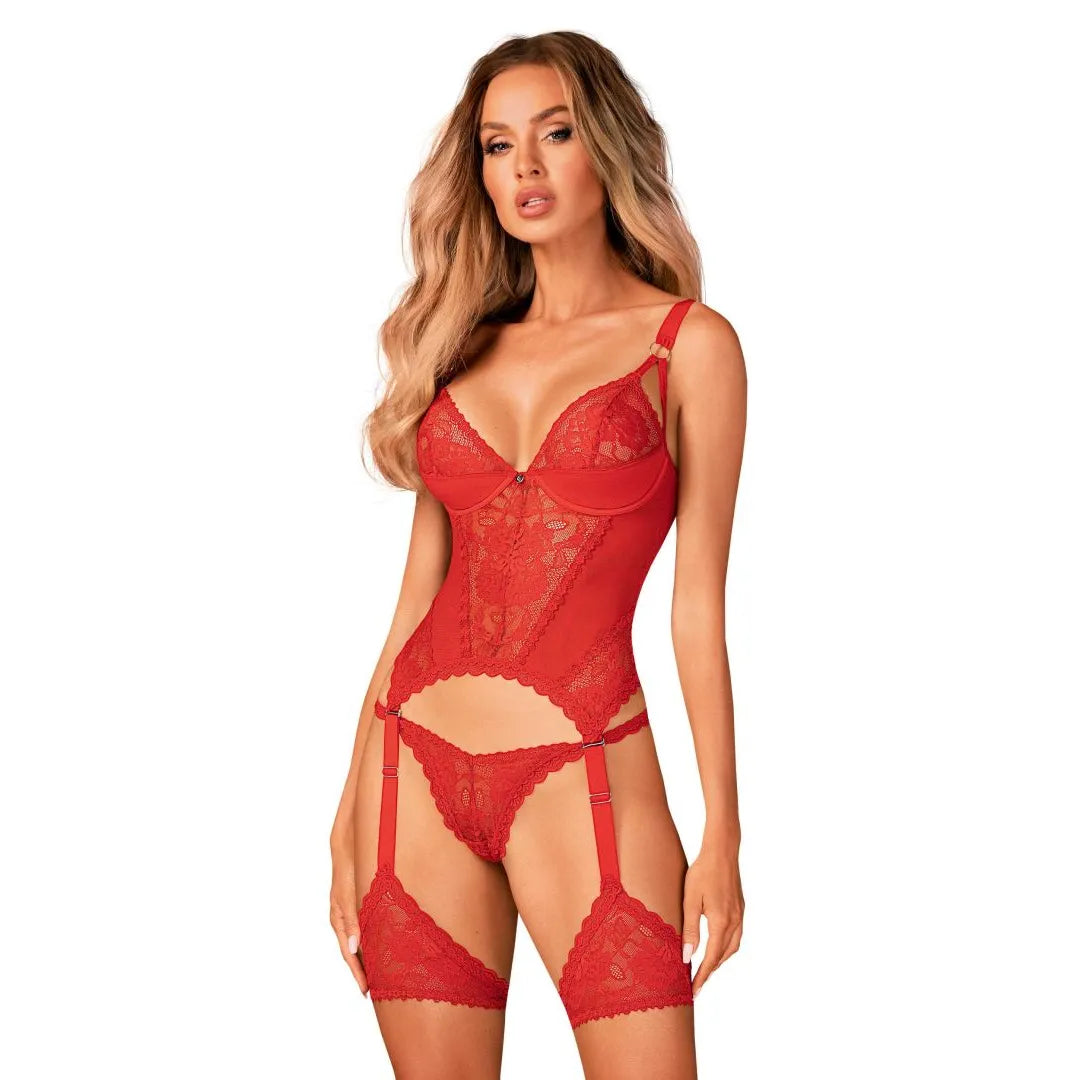 corset rouge dentelle sexy jarretelles amovibles armatures maintien galbe silhouette maille douce confort bretelles réglables ornementées anneaux bijoux