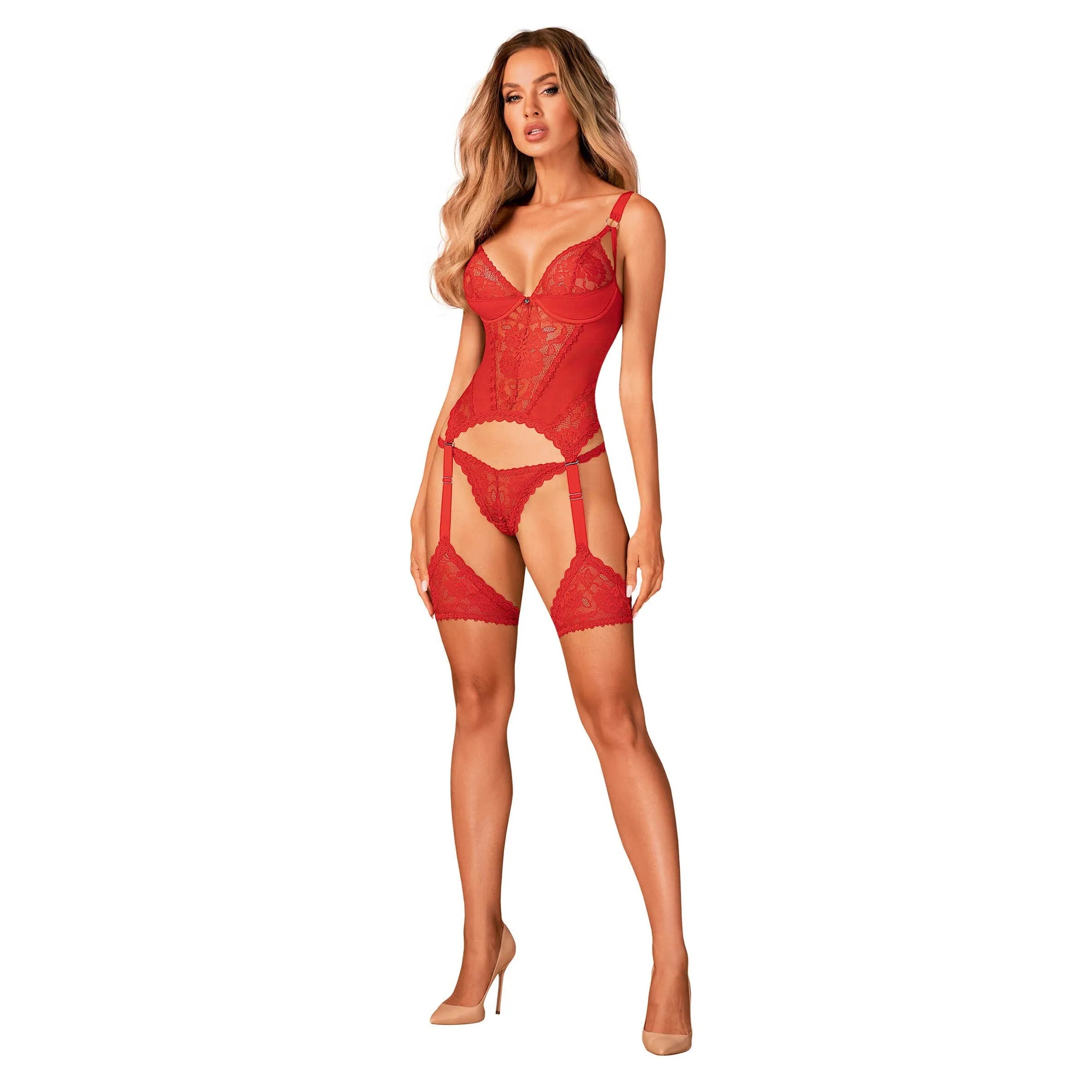 Corset rouge en dentelle avec jarretelles amovibles, armatures, bretelles réglables, ornementé d'anneaux bijoux.