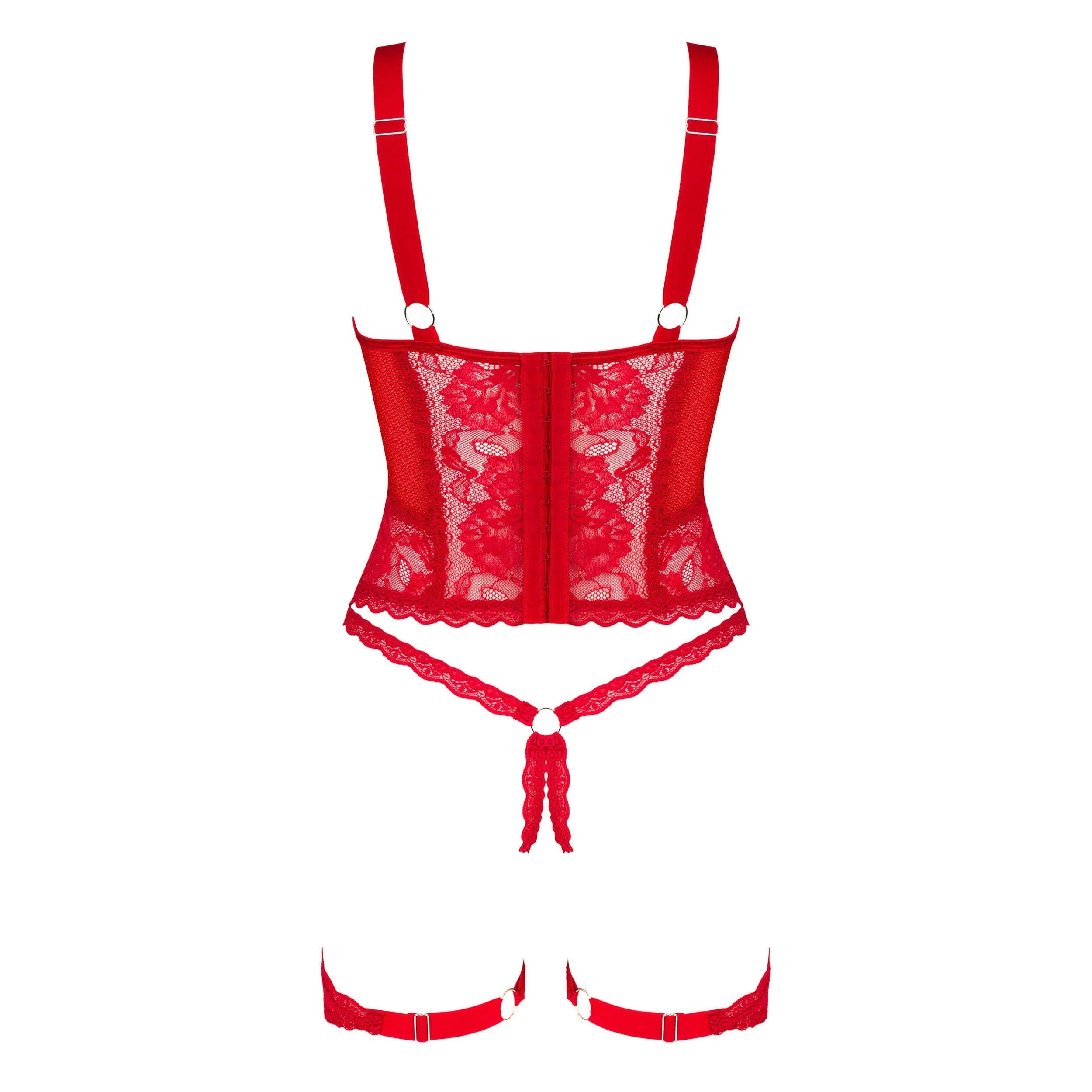 Corset rouge dentelle sexy avec jarretelles amovibles, armatures, bretelles réglables et anneaux bijoux pour silhouette ga...