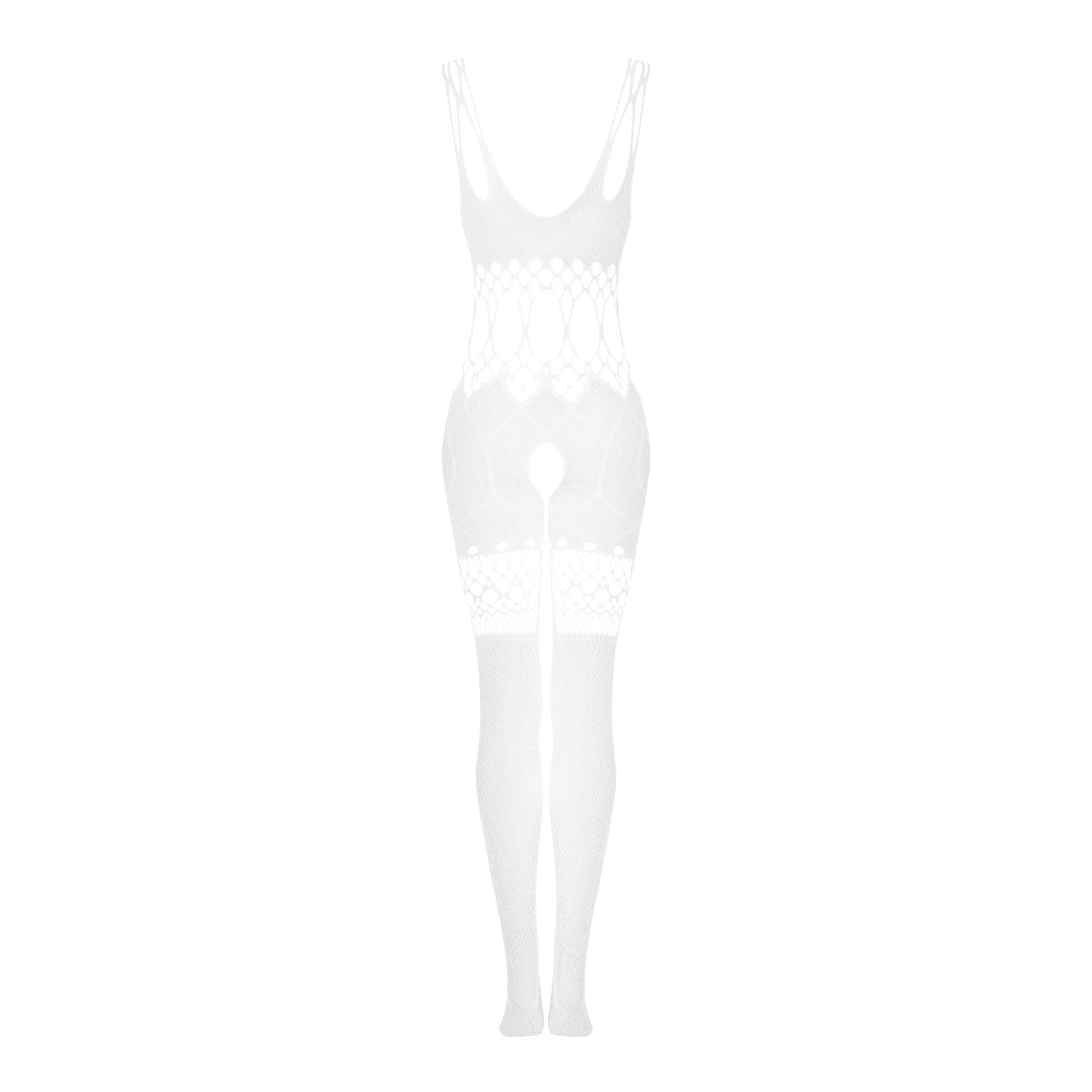 Combinaison lingerie blanche maille souple, entrejambe ouvert, décolleté plongeant, découpes sensuelles, nylon élasthanne.