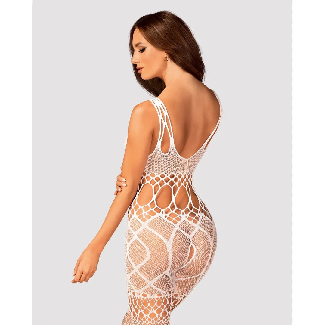 Combinaison lingerie blanche en maille souple avec découpes sensuelles, entrejambe ouvert, décolleté plongeant, nylon élas...