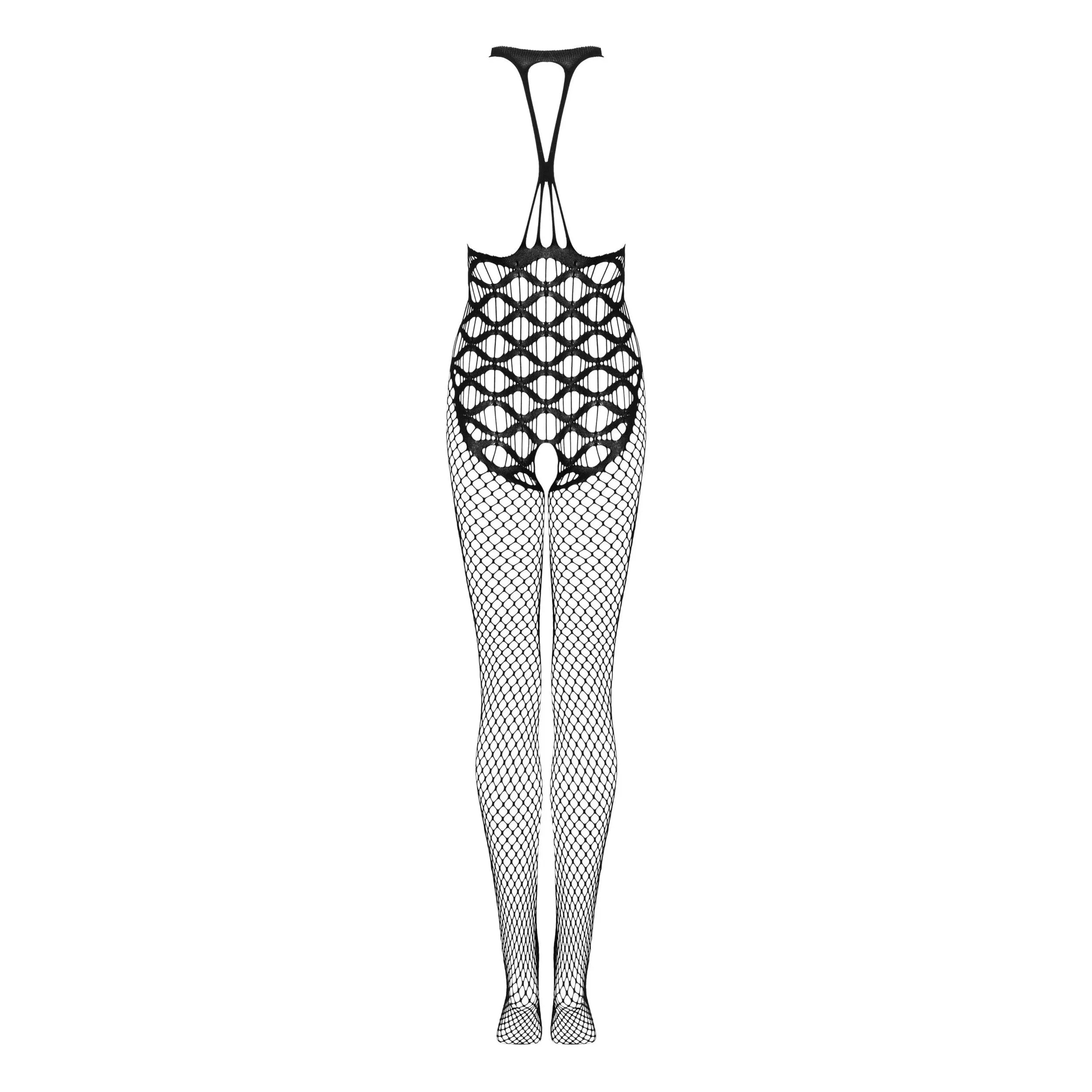 Combinaison résille noire sexy, moulante, dos dégagé, entrejambe ouvert, bretelles élastiques, nylon élasthanne extensible.