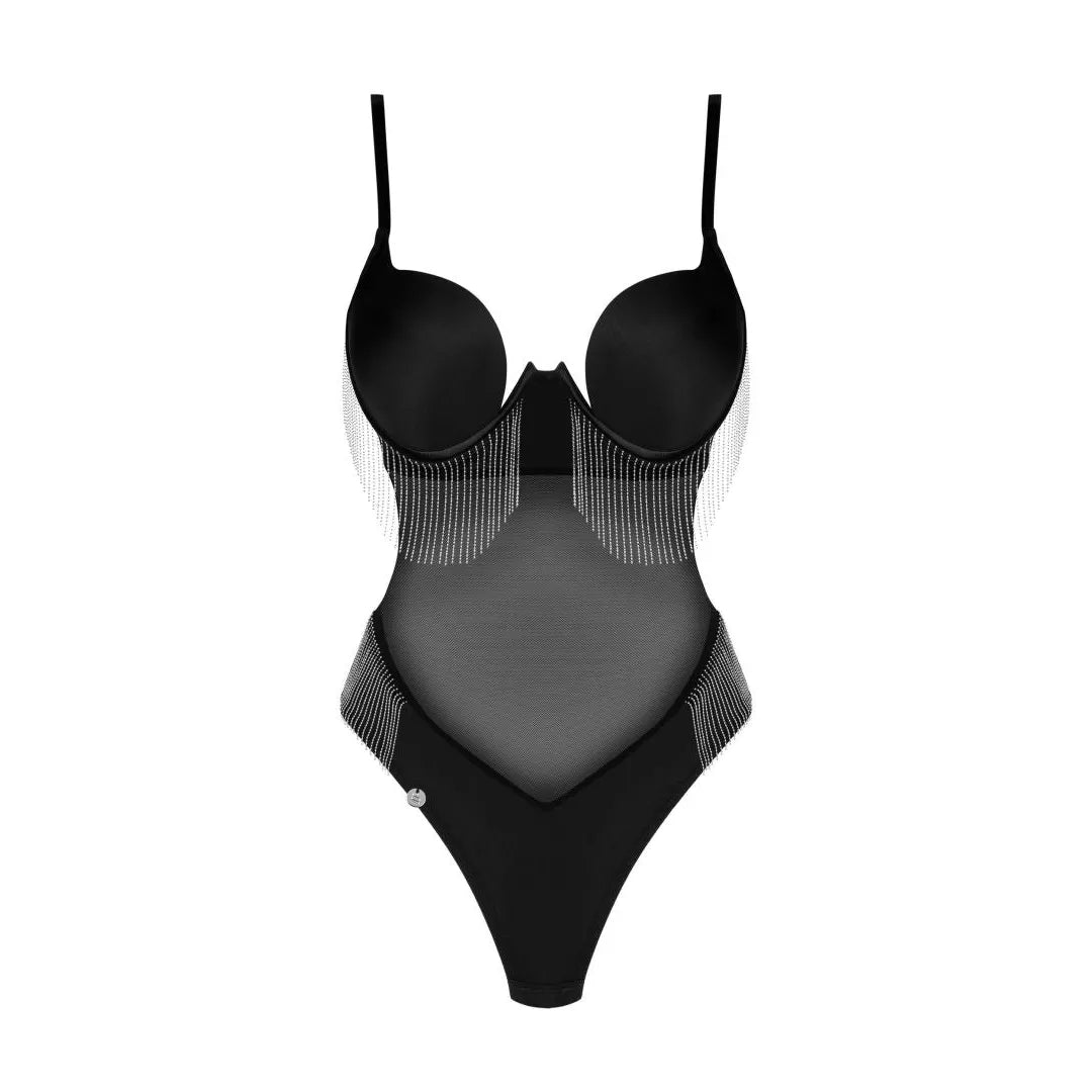 Milladis body noir sexy perles argentées lingerie féminine élégante ajustable translucide extensible doux maintien armatures bretelles réglables