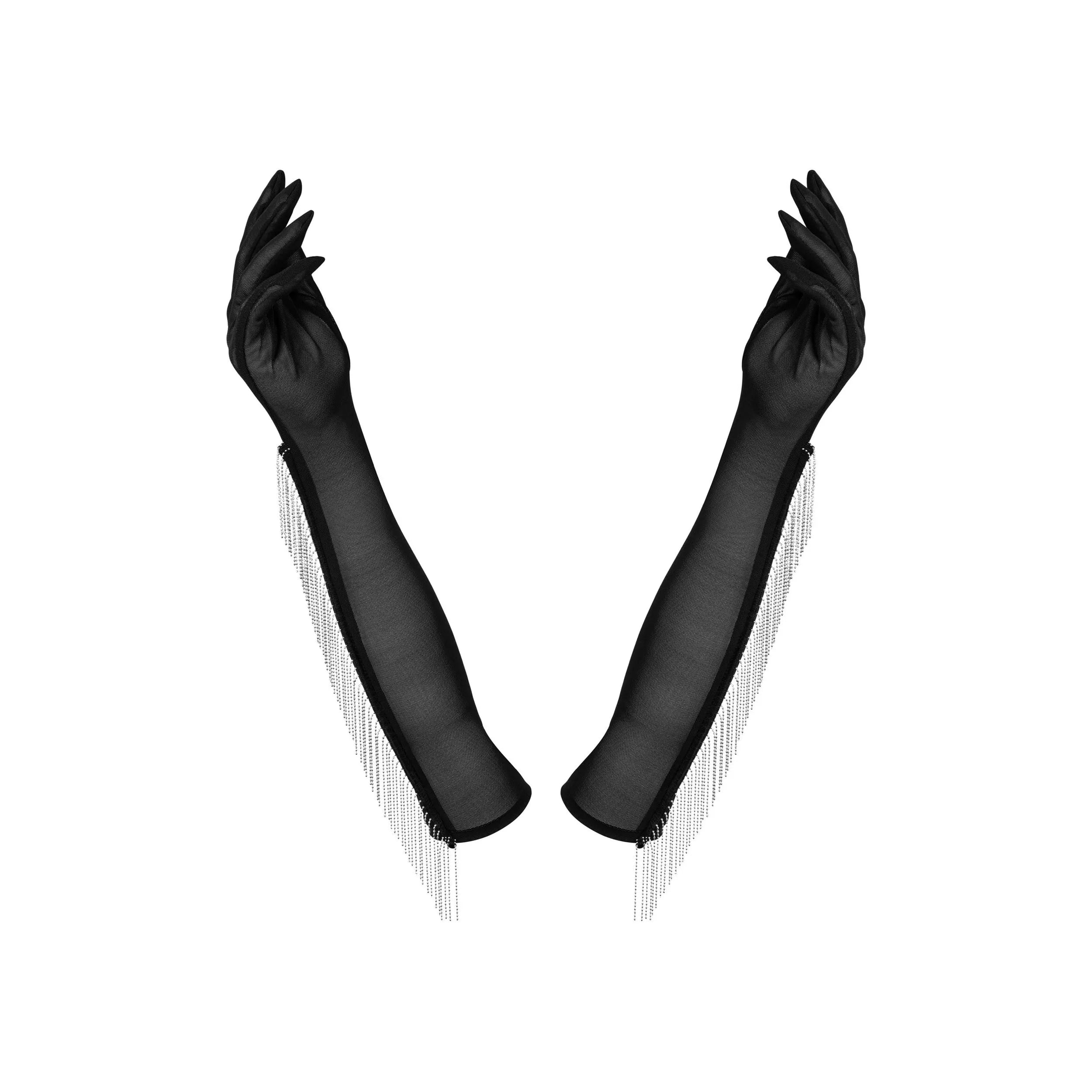 Gants noirs Milladis en maille transparente avec perles, longueur coude, élégants et glamour pour soirées, tailles S à XXL.