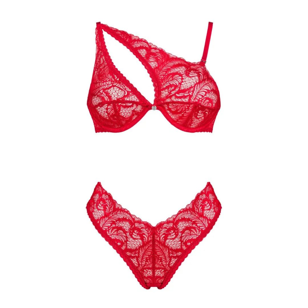 Ensemble lingerie dentelle rouge asymétrique, soutien-gorge à armatures, culotte féminine, bretelles réglables, séduisant.