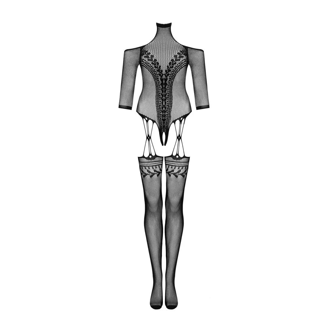 Combinaison lingerie noire résille motif floral, manches ¾, dos découvert, entrejambe ouvert, style sexy et ajustable.