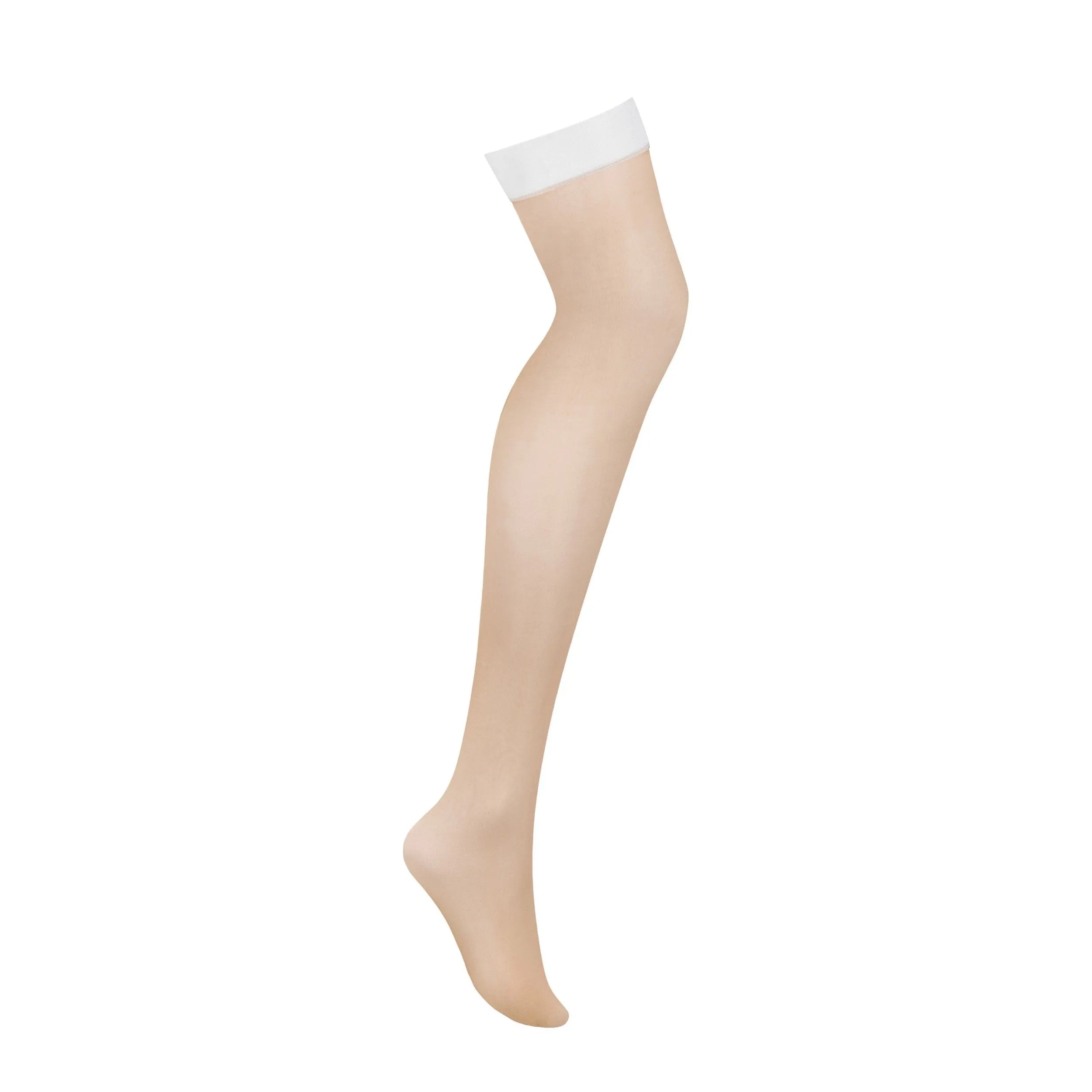 Bas résille beige avec insert blanc, porte-jarretelles élégant, maille douce et extensible, style raffiné et séduisant.