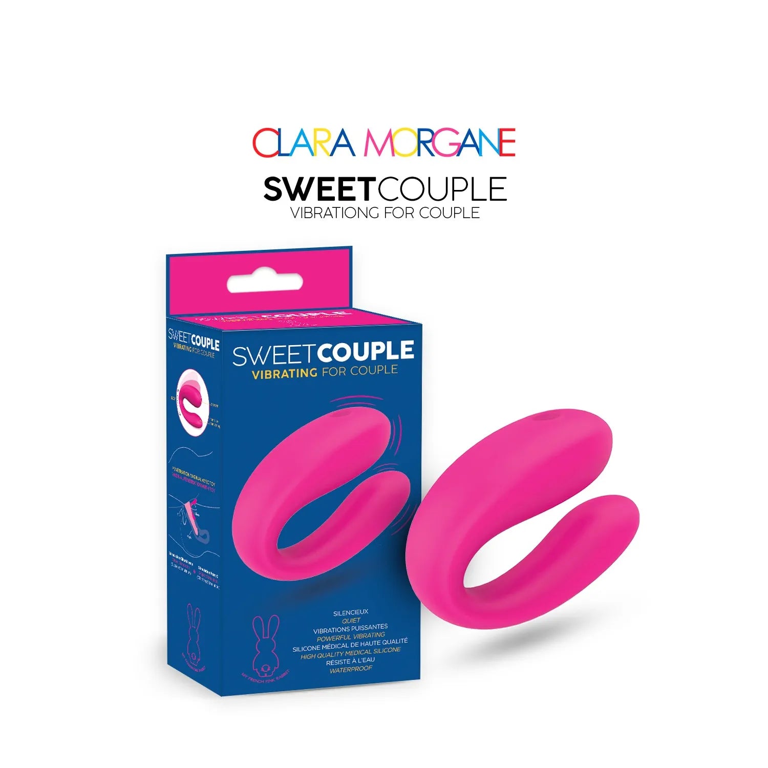 Vibromasseur pour couple en silicone médical, rose, design U, vibrations puissantes, silencieux, étanche, compact, idéal pour les moments intimes, Clara Morgane