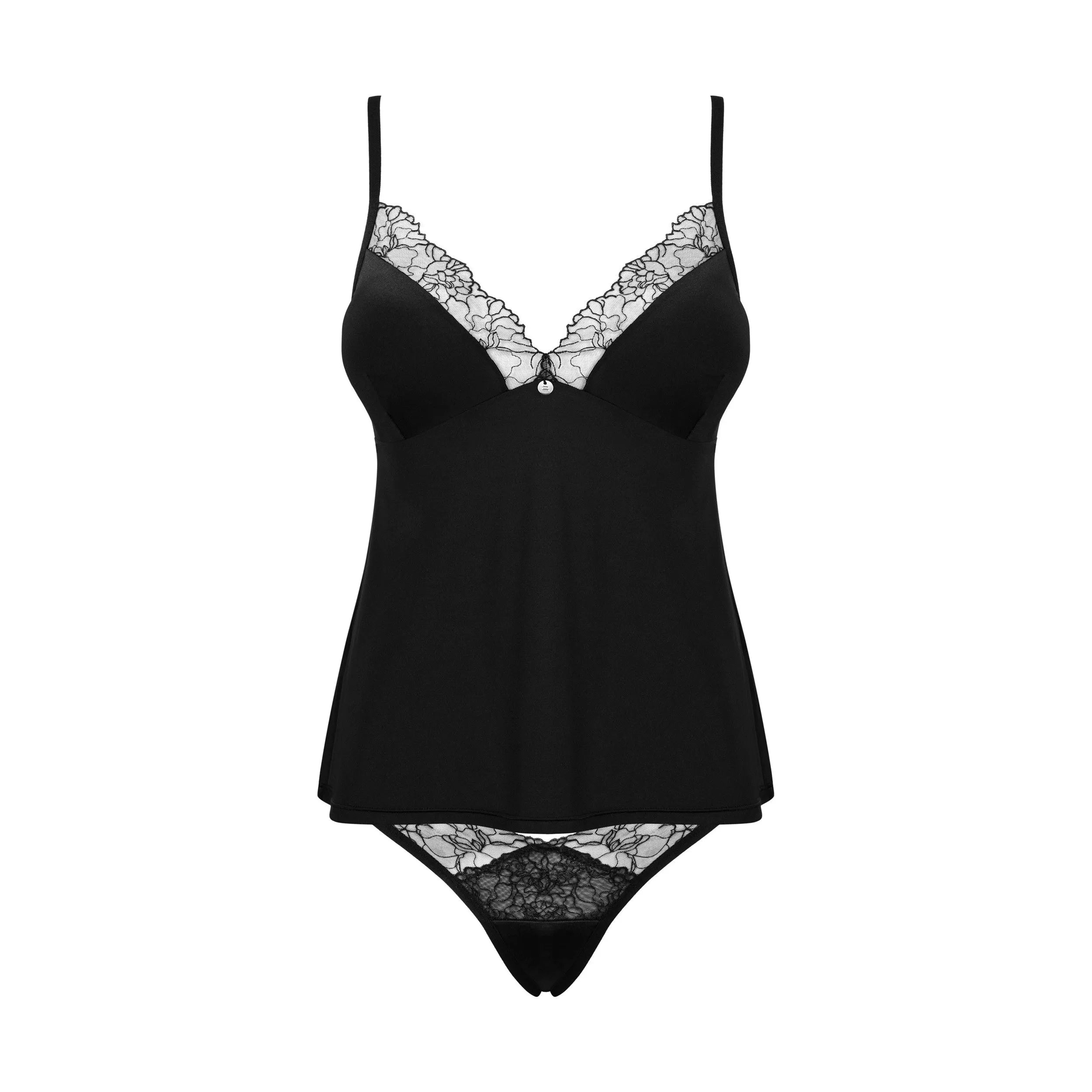 Ensemble lingerie BellaRou noir, broderie florale tulle, top soutien-gorge élégant, culotte réglable, pendentif central.