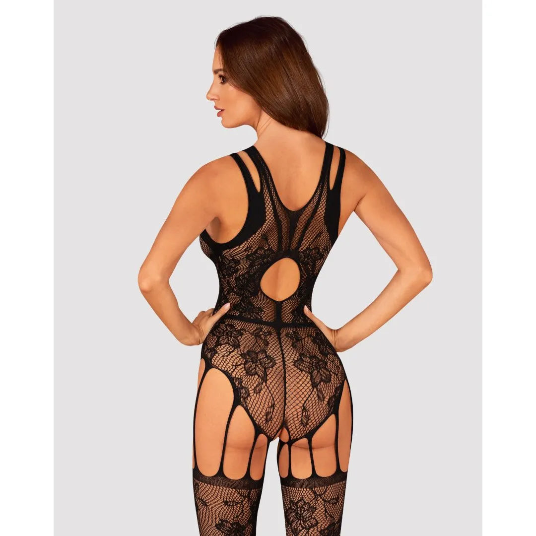 Combinaison résille noire motif floral géométrique, entrejambe ouvert, lanières sensuelles, dos découpé, ajustement parfait.