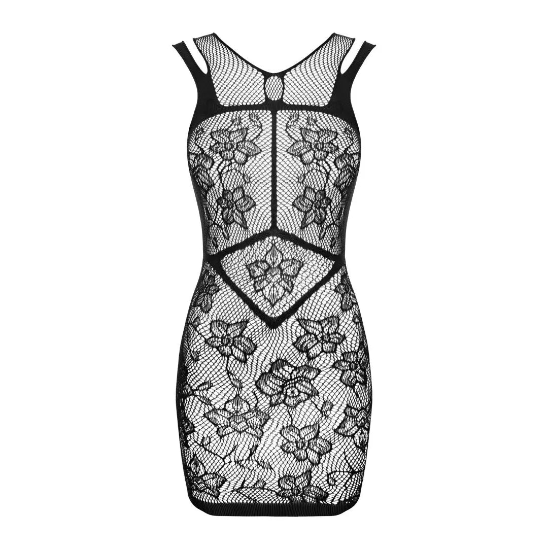 mini robe noire épicée motif floral géométrique découpe dos tissu élastique maille moulante ajustée élégante séduisante