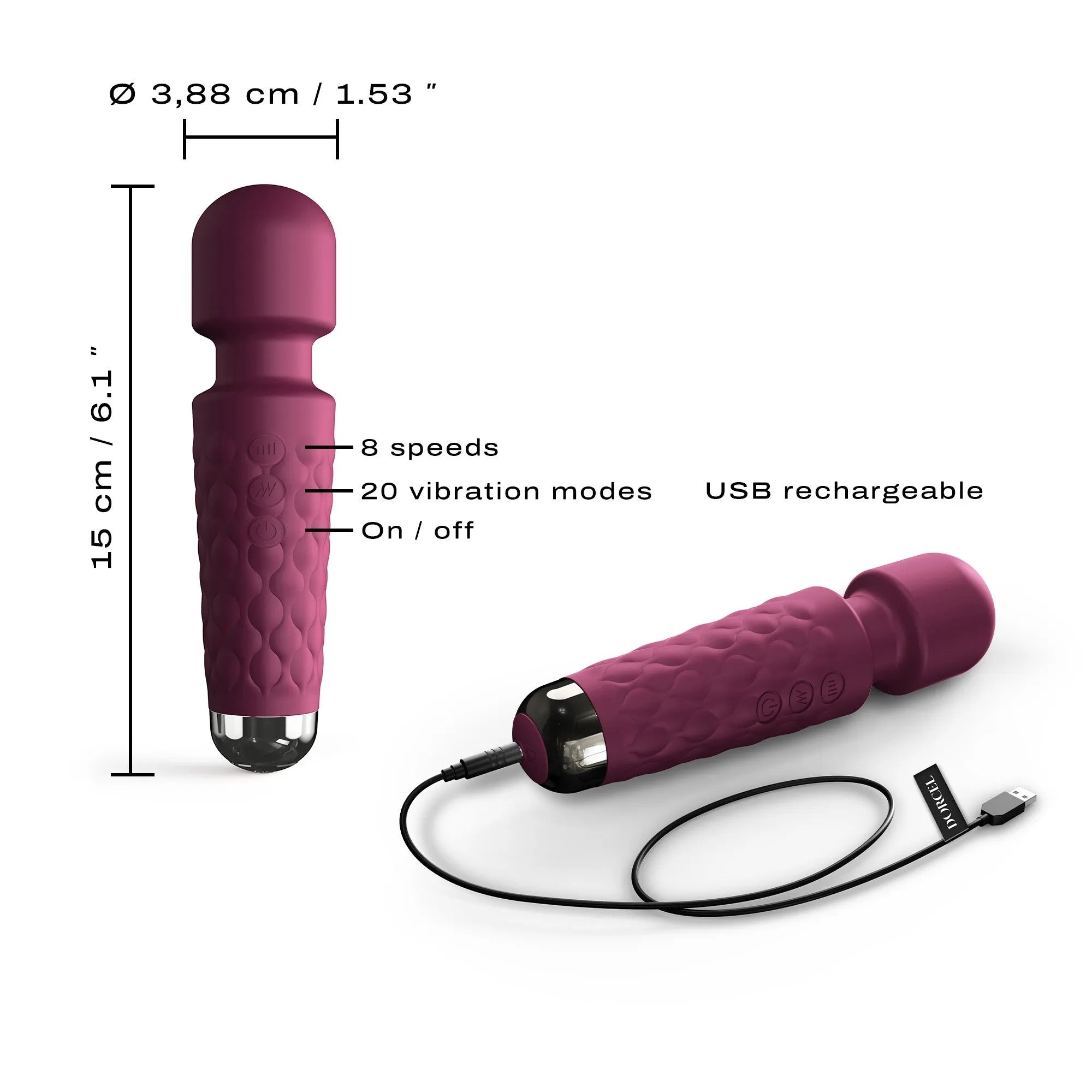 mini compact rechargeable silicone doux puissant silencieux discret ergonomique matelassé pivotant quinze centimètres voyage prune argent vingt modes stimulation intime