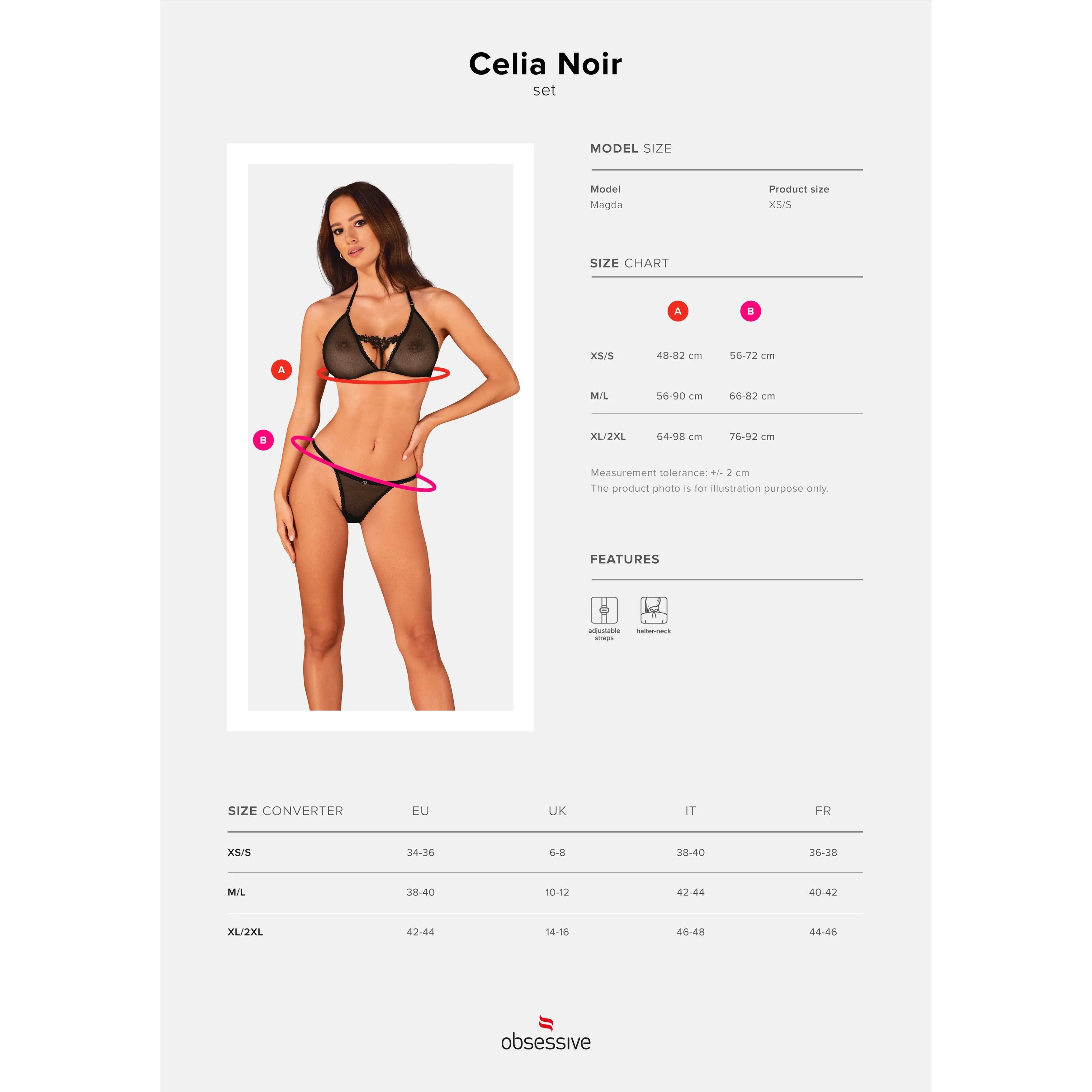 Ensemble lingerie noir dentelle guipure florale, résille transparente, soutien-gorge et string, bretelles réglables.