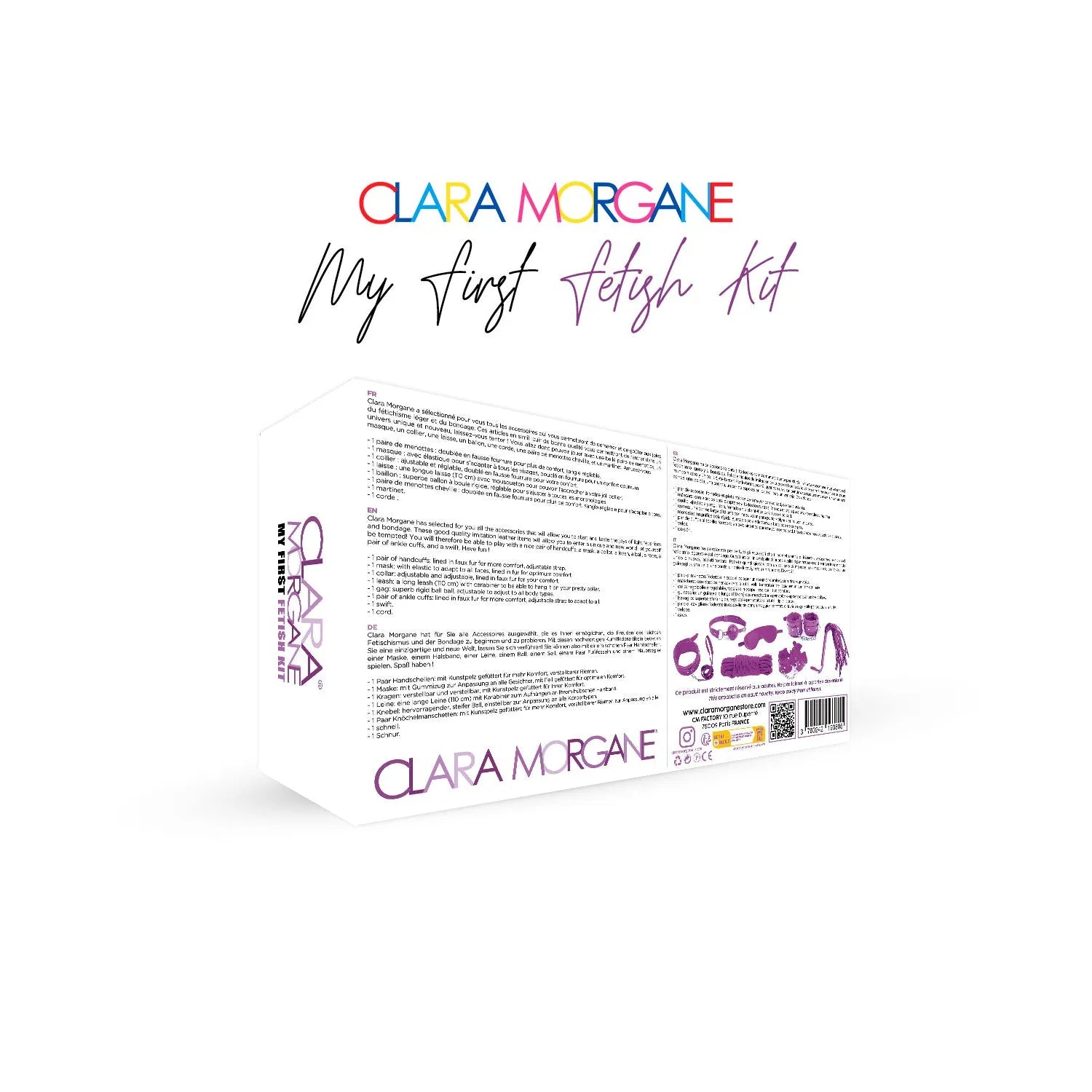 Coffret BDSM débutants violet Clara Morgane avec menottes, martinet, masque, accessoires fétish sécurisés et confortables.