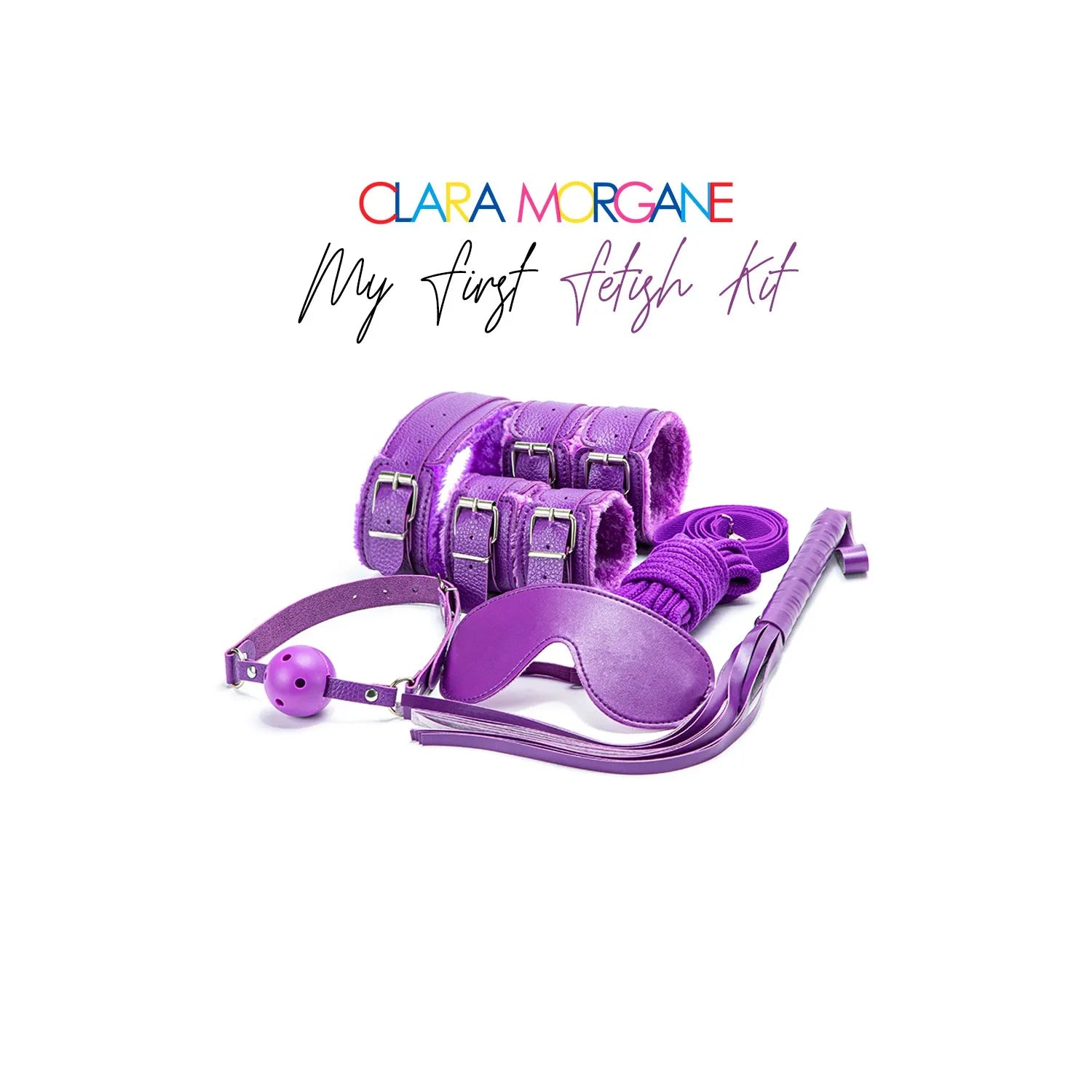 Coffret BDSM débutant violet avec menottes, martinet, masque et accessoires Clara Morgane, chic et sécurisé.