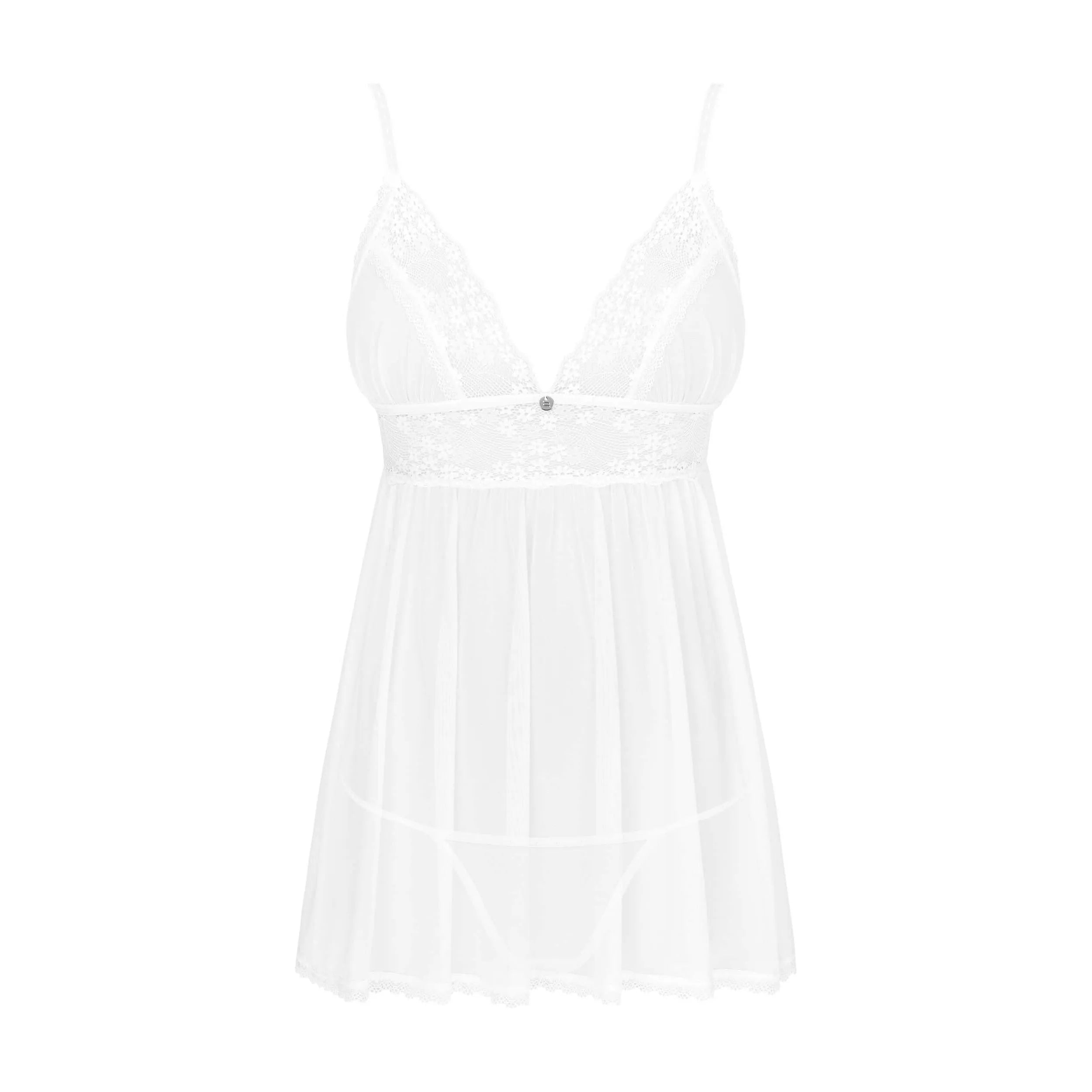 nuisette blanche dentelle florale sensuelle sexy ajustable bretelles réglables dos pendentif brillant soyeuse douce extensible confortable glamour séduisante