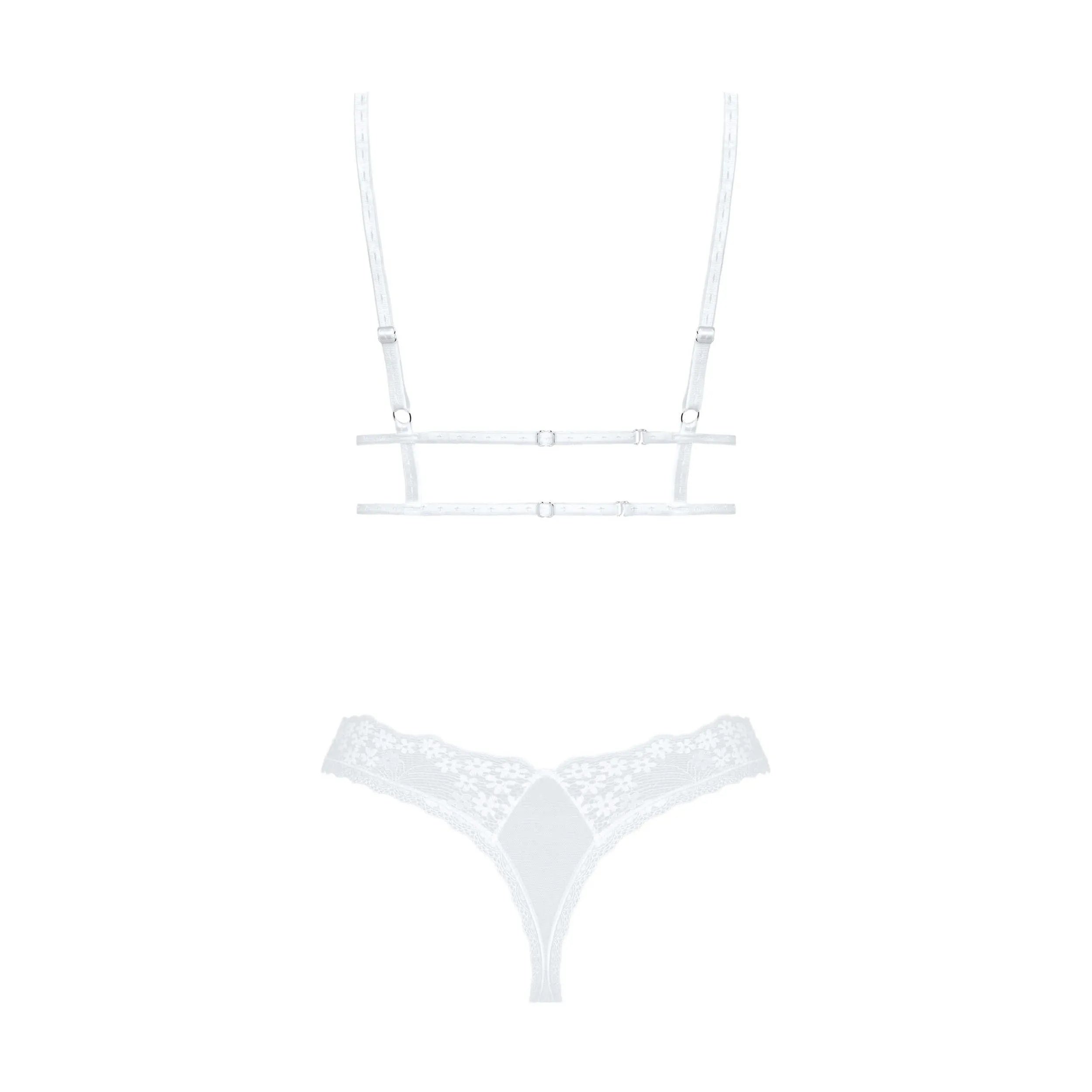 Ensemble lingerie blanche dentelle fleurie, soutien-gorge souple et tanga à bretelles réglables, pendentif élégant.