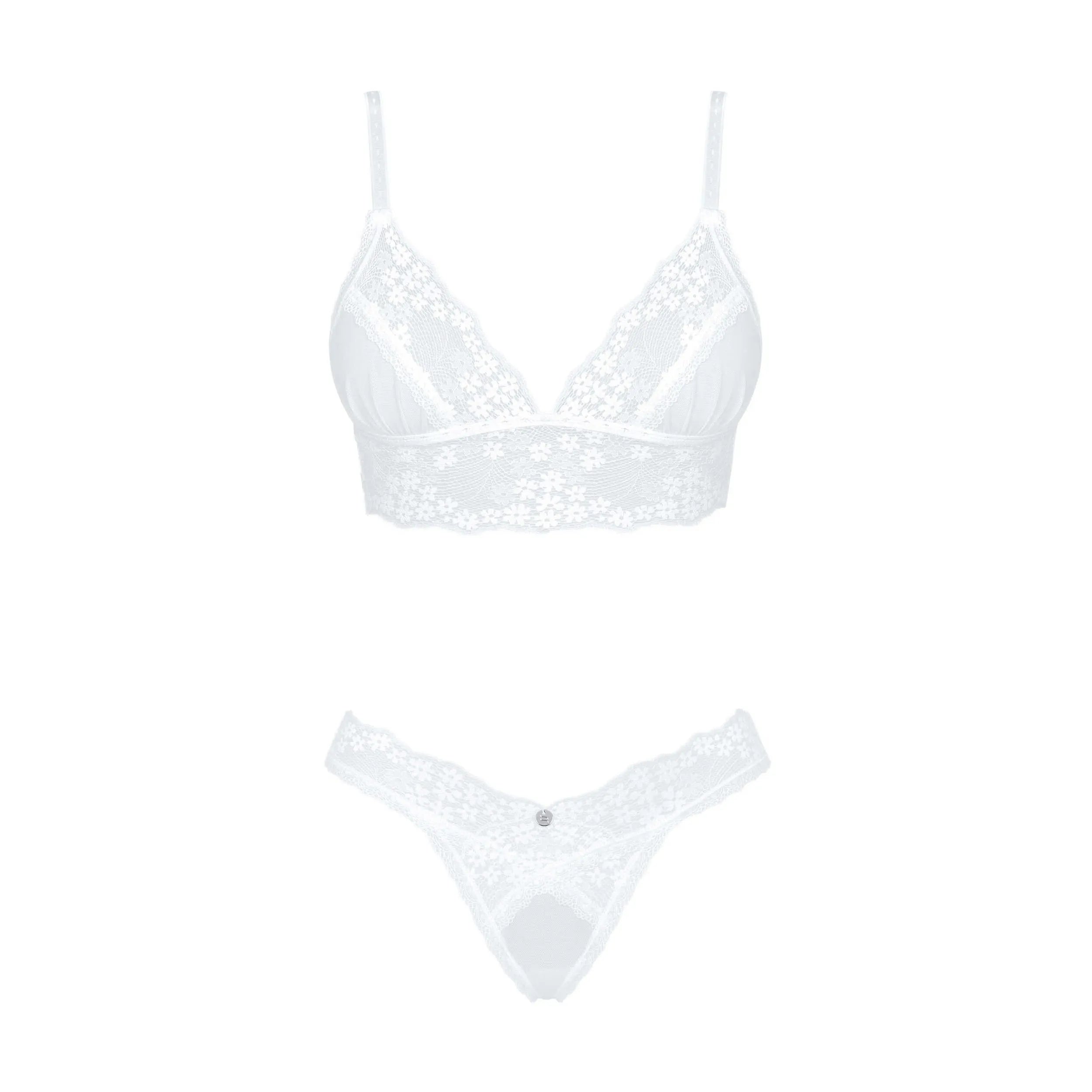 Ensemble lingerie blanche dentelle fleurie, soutien-gorge souple et tanga, bretelles réglables, pendentif élégant.