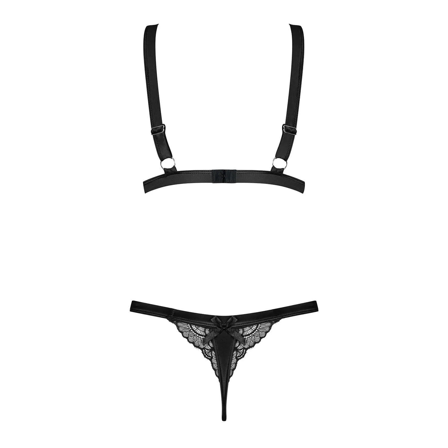 Ensemble lingerie noir satin dentelle ajustable, bretelles réglables, coupe string, élégant et séduisant pour l'automne.
