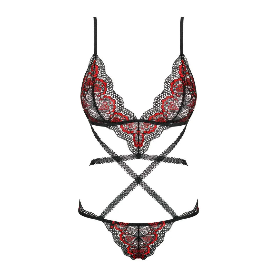 Body dentelle noir et rouge, sangles ajustables décoratives, bretelles réglables, style séduisant et raffiné.
