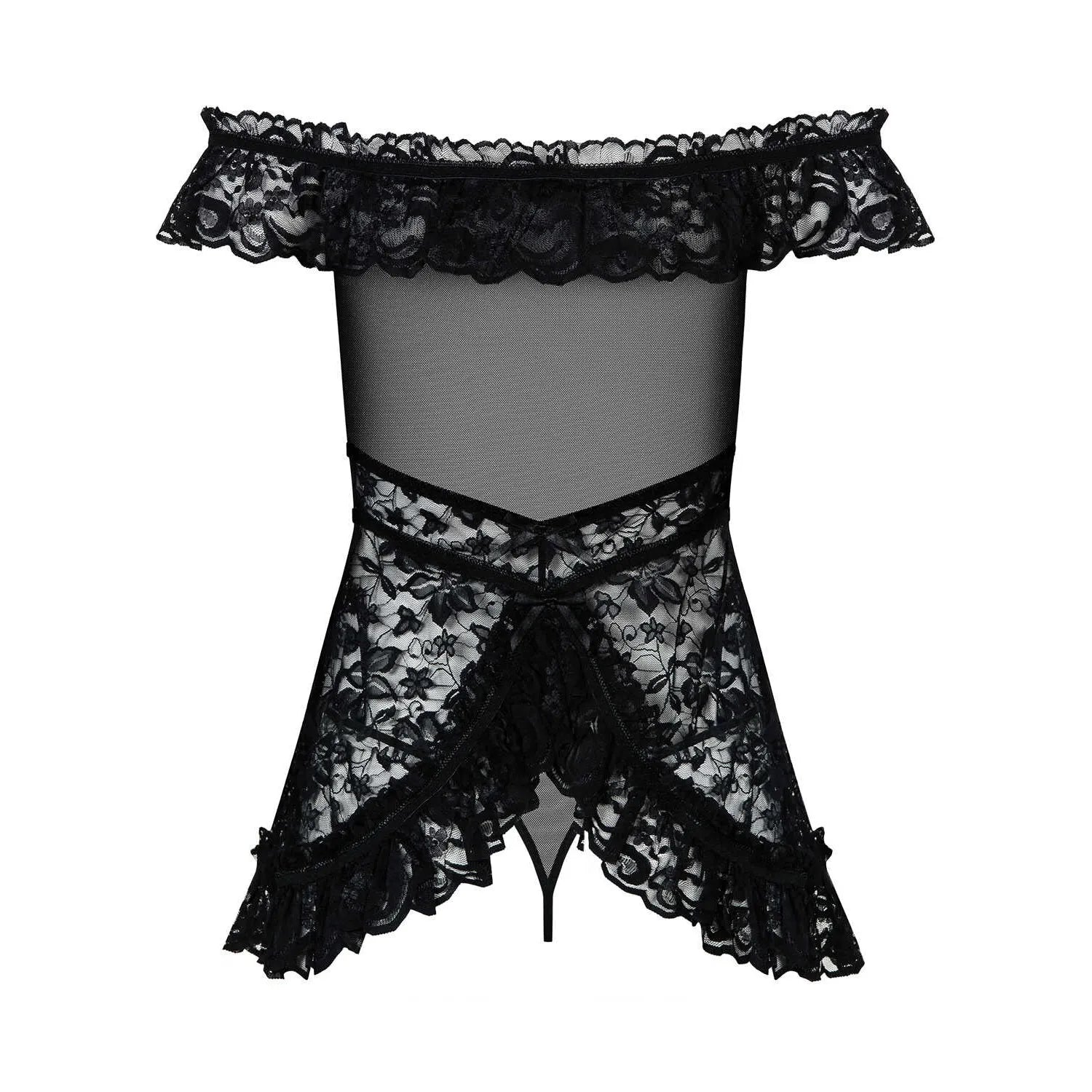 Babydoll noire en satin et dentelle, design élégant et sexy, détails floraux raffinés, lingerie féminine séduisante.
