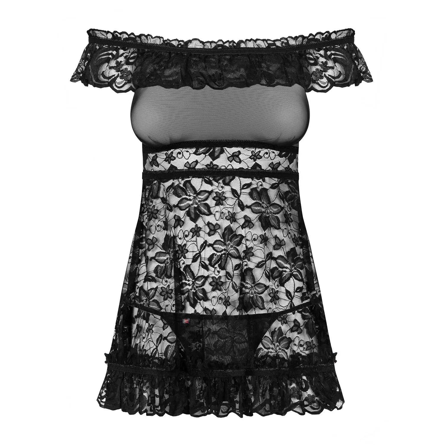 Babydoll noire en satin et dentelle florale, design élégant et sensuel, lingerie féminine sophistiquée.