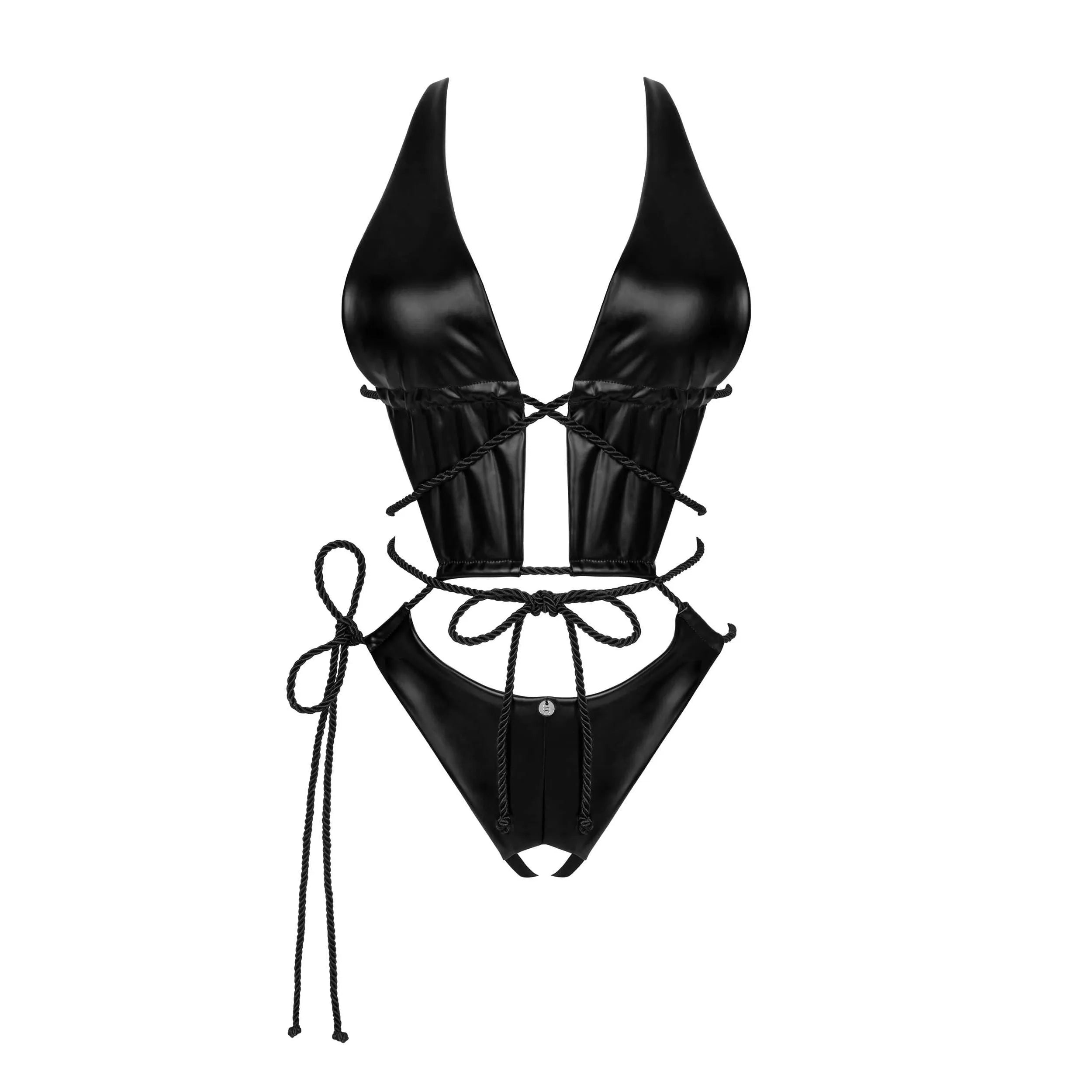 Body ouvert noir effet mouillé, coupe flatteuse, cordons ajustables, tissu brillant sensuel, doublure douce extensible.