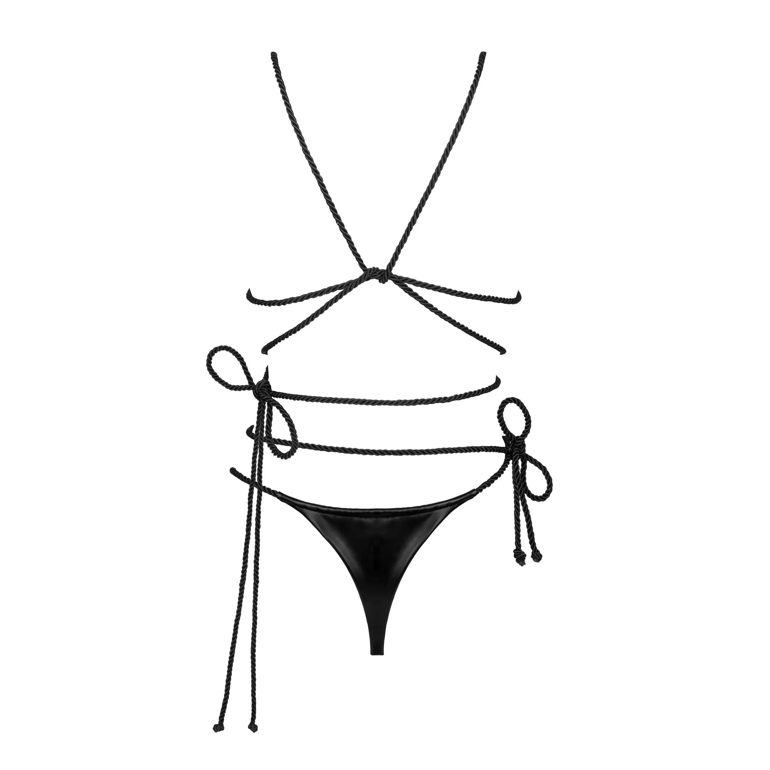 Ensemble lingerie Cordellis noir brillant effet mouillé, soutien-gorge et string sexy, élégant et glamour avec détails pen...
