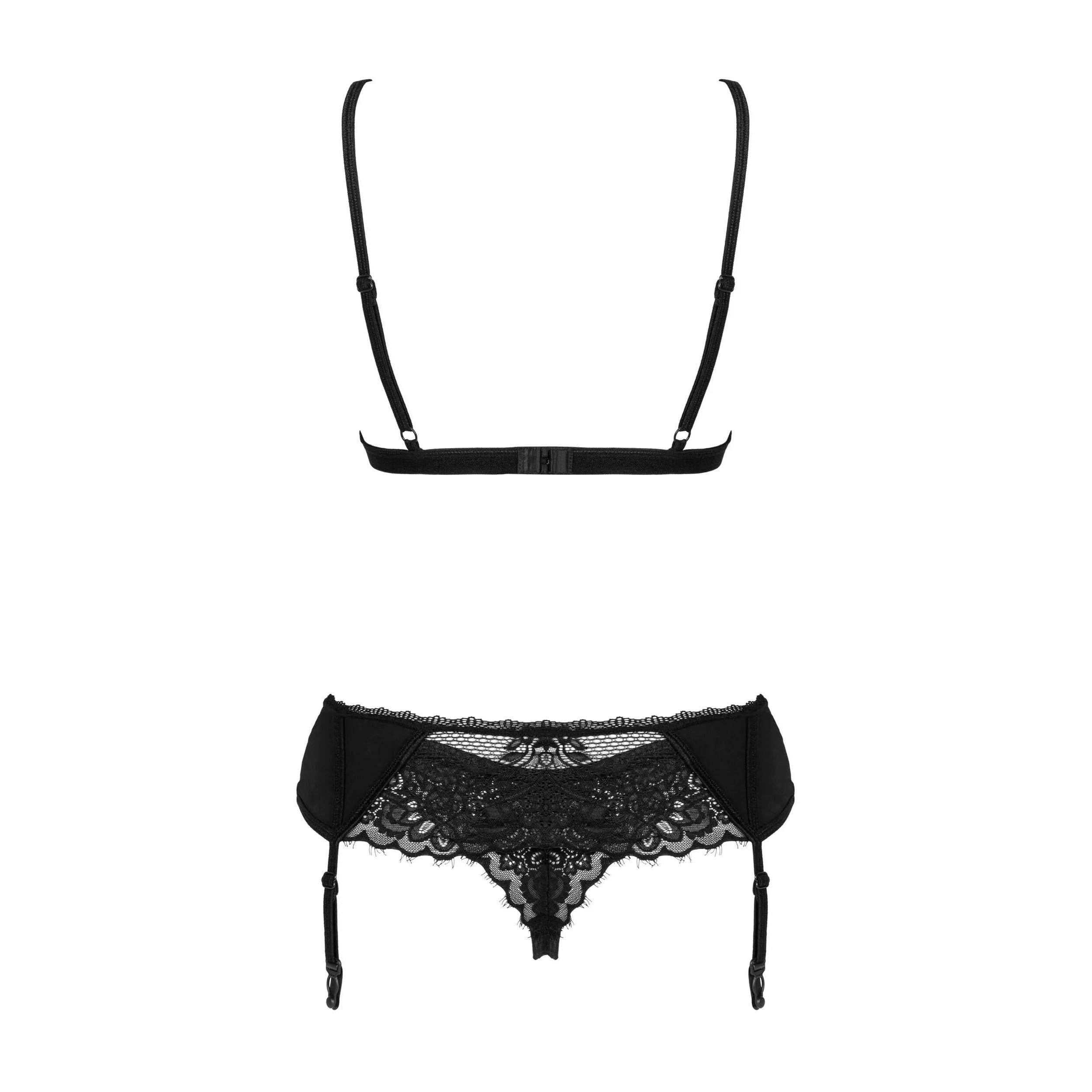 Ensemble lingerie dentelle noire trois pièces avec soutien-gorge bretelles réglables et porte-jarretelles élégants.