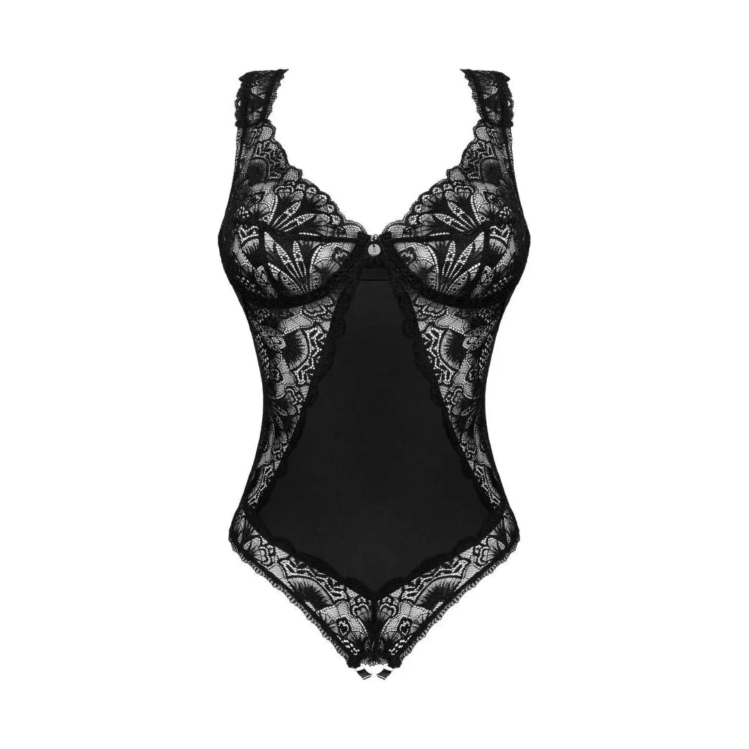 Body noir dentelle ajouré, entrejambe ouvert, bretelles réglables, design sensuel et élégant pour sublimer les courbes.