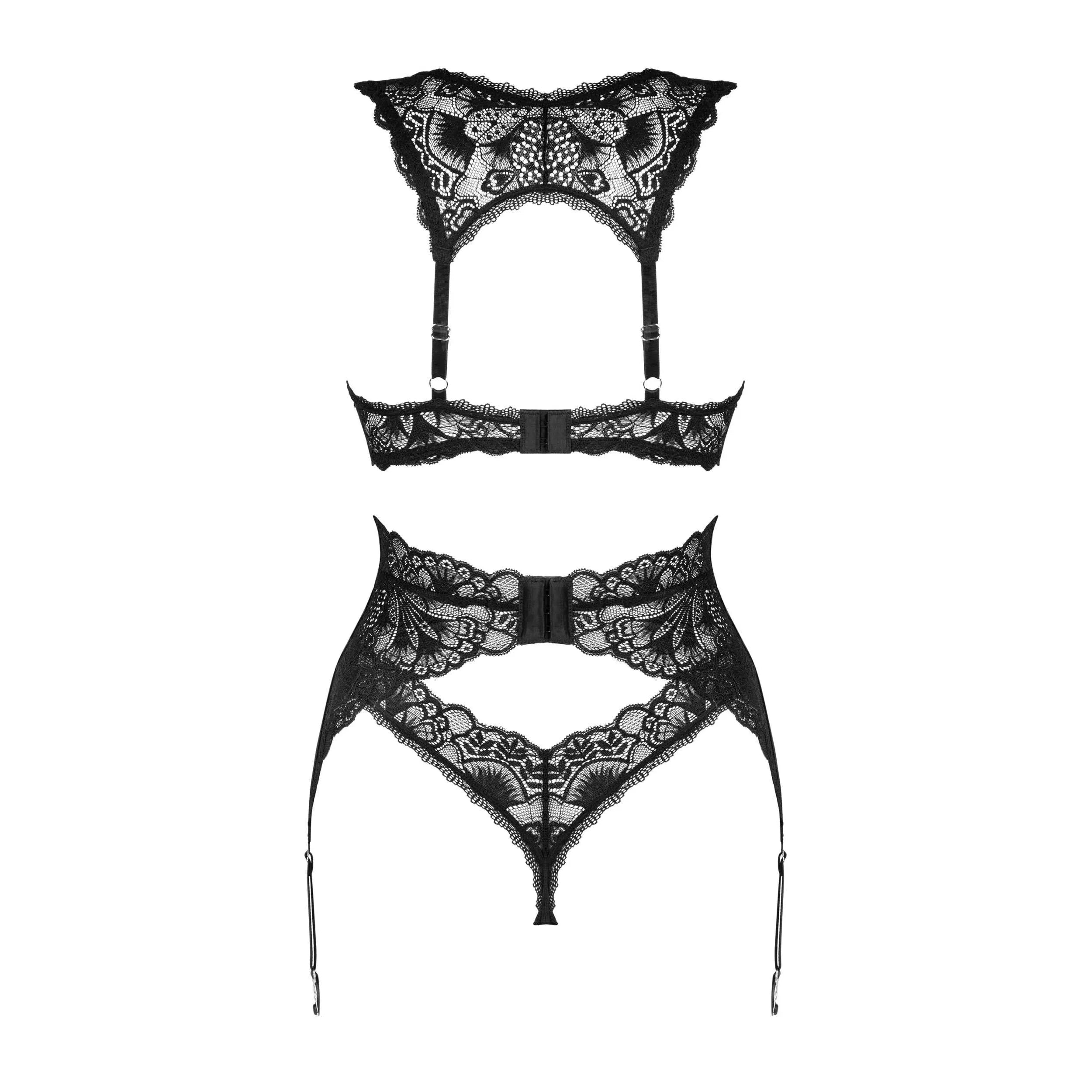 Ensemble lingerie noir dentelle avec porte-jarretelles, soutien-gorge réglable et pendentif, élégant et raffiné.