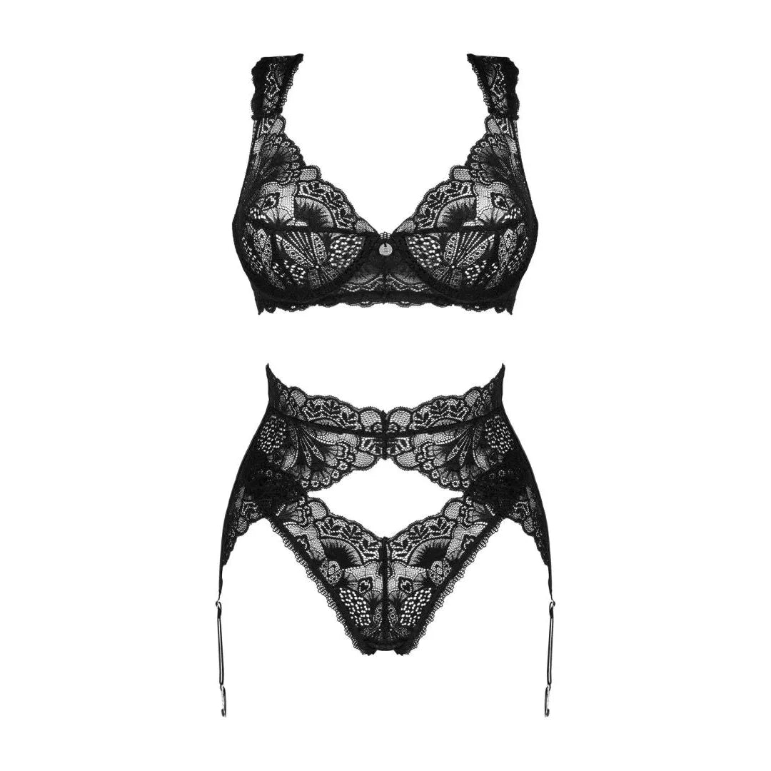 Ensemble lingerie dentelle noire avec porte-jarretelles, soutien-gorge réglable à armatures, pendentif élégant.