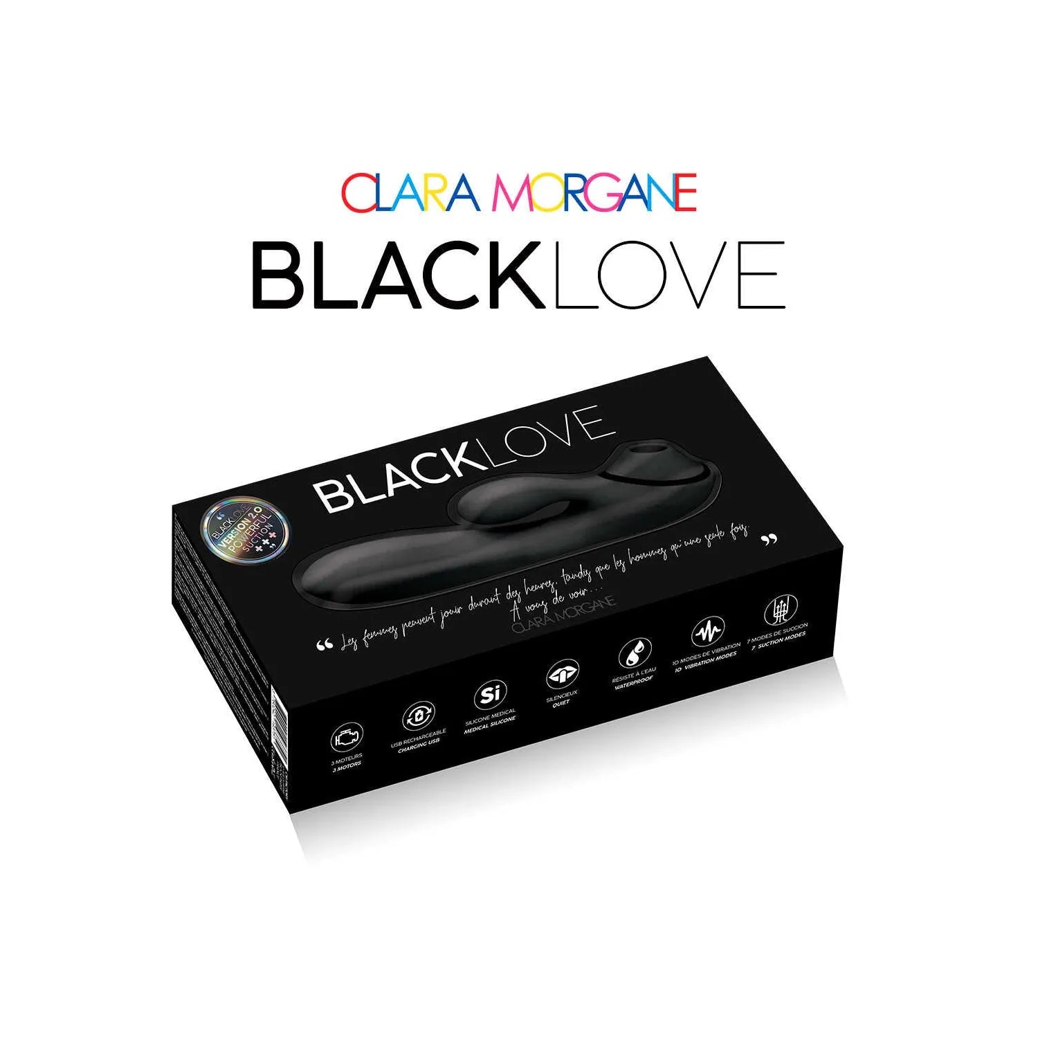 Boîte du stimulateur clitoridien Black Love, noir, silicone médical, modes de succion et vibration, waterproof.