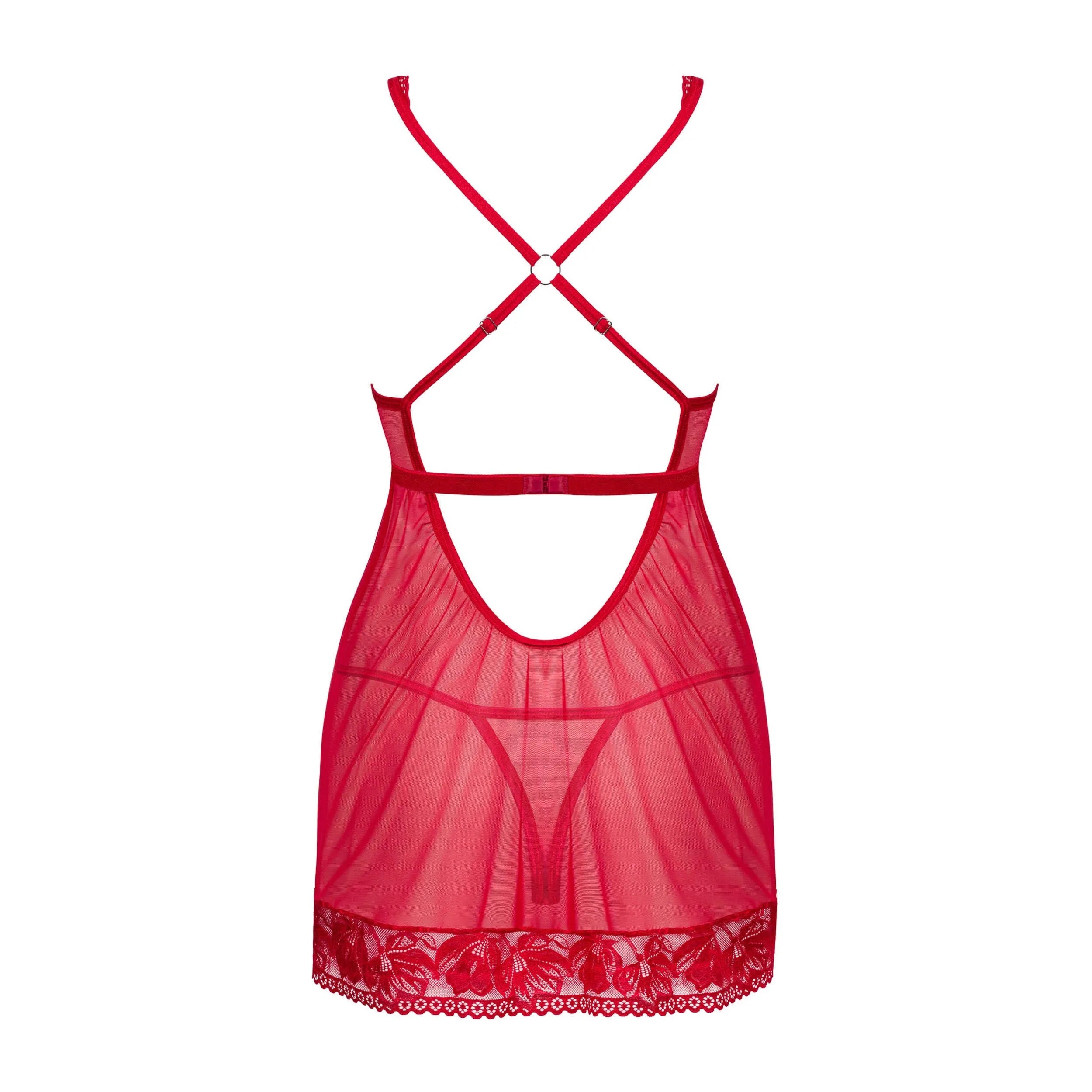 nuisette dentelle transparente rouge ajustable bretelles réglables armature subtile pendentif élégant slip assorti tissu doux extensible confortable tailles variées séduisante