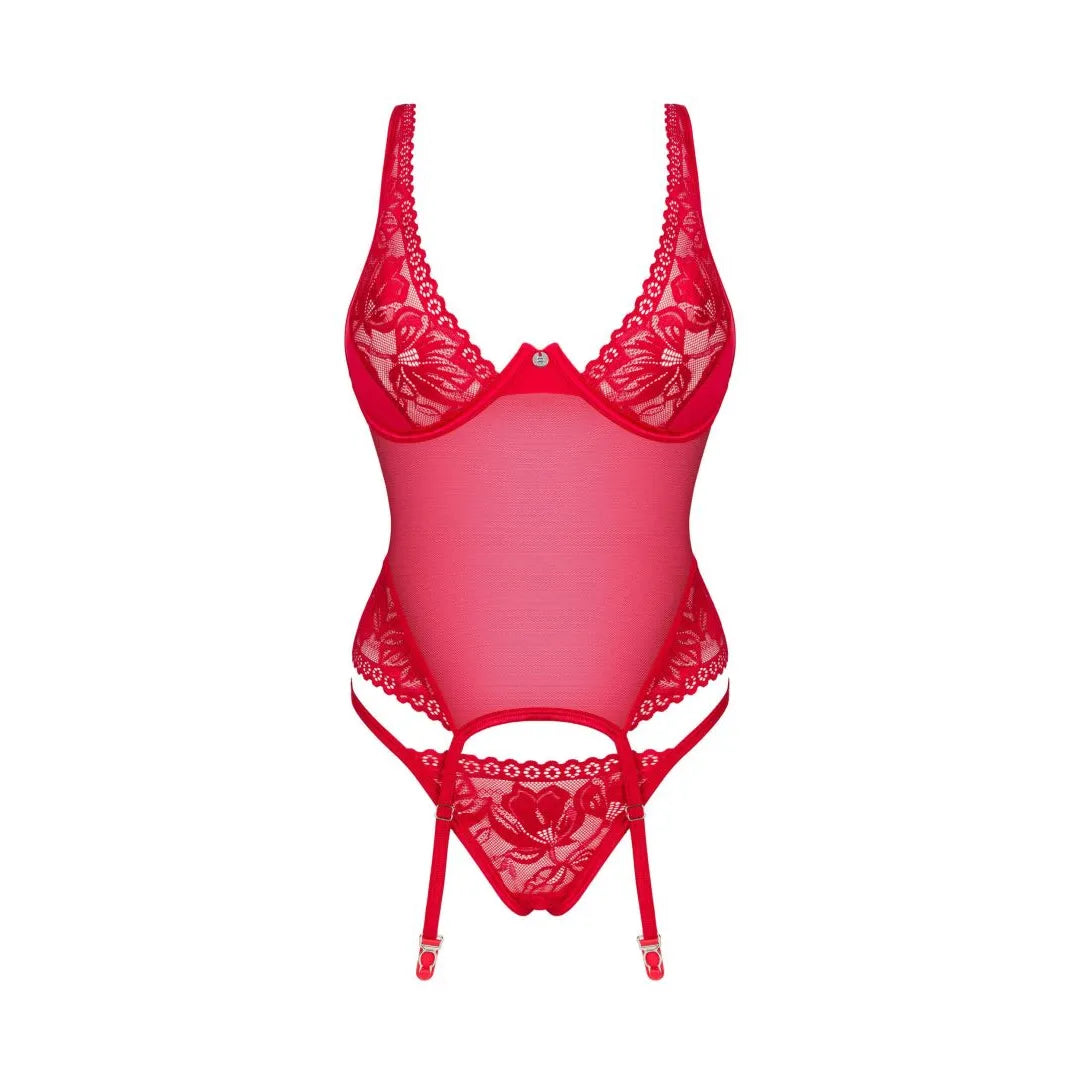 Corset string rouge dentelle florale, armatures ajustables, pendentif argent, élégant et sensuel pour silhouette galbée.