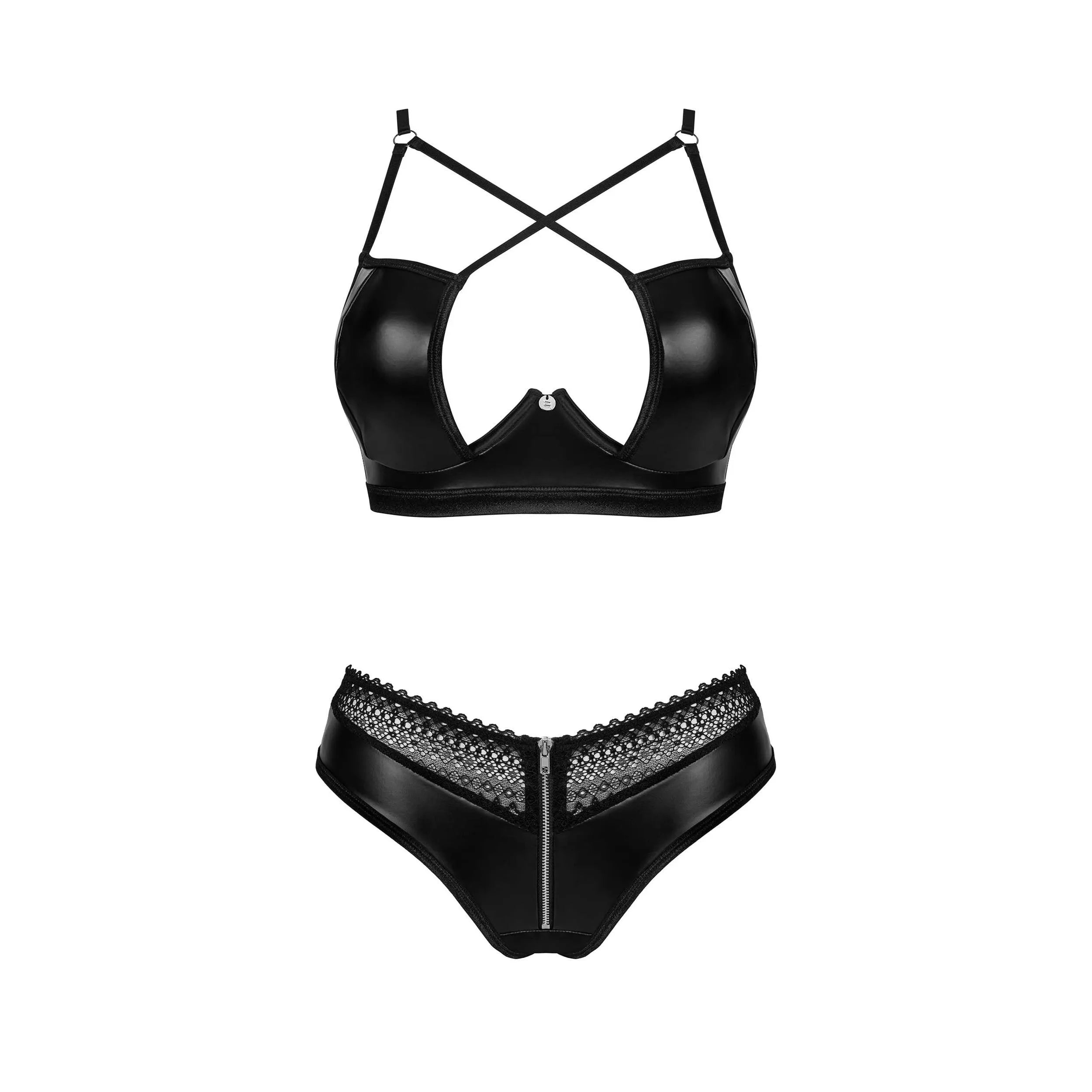 Ensemble lingerie noire en dentelle avec soutien-gorge à armatures et culotte, pendentif argent, bretelles ajustables.