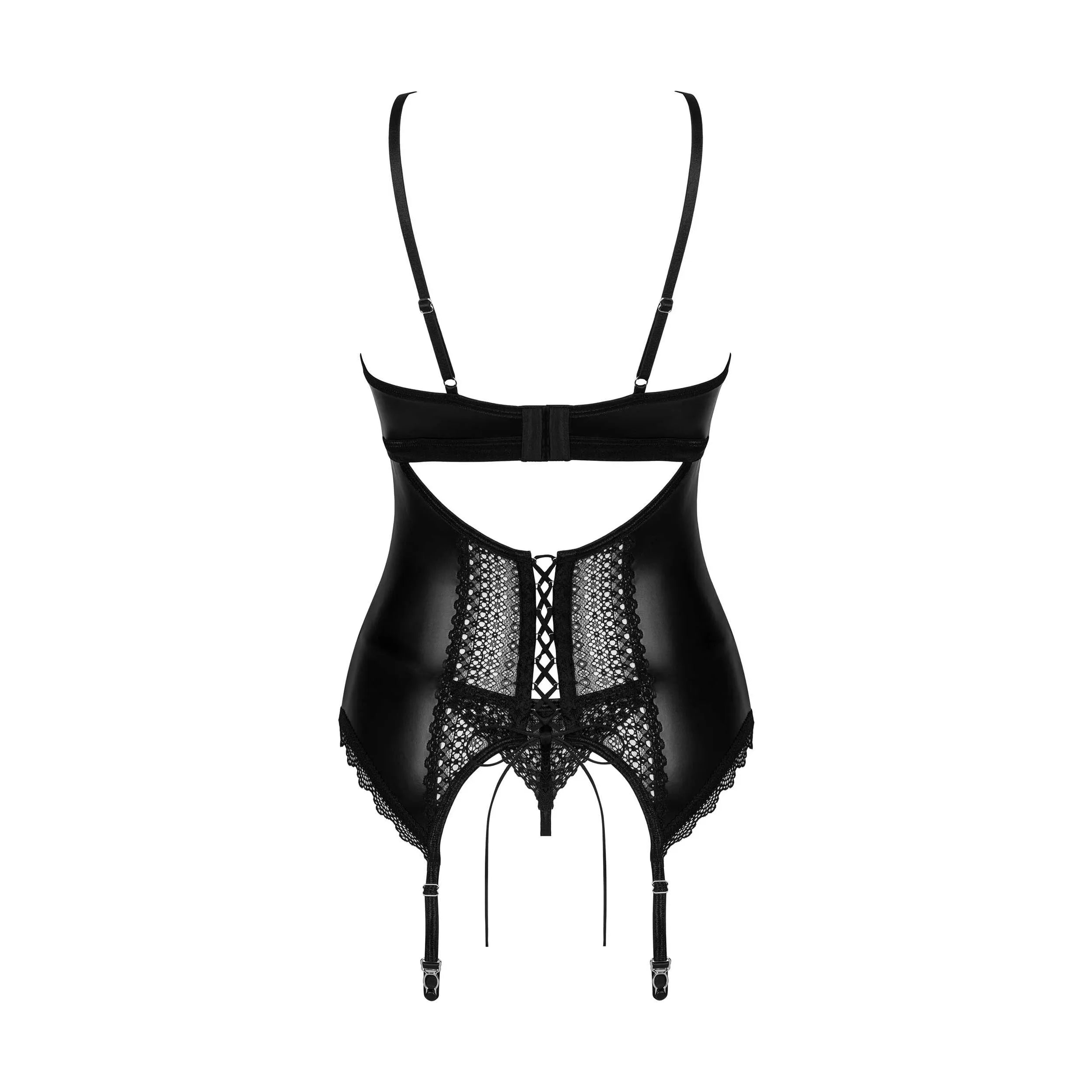 Corset string noir en dentelle et latex, bretelles réglables, armatures confortables, pendentif argent, style glamour.